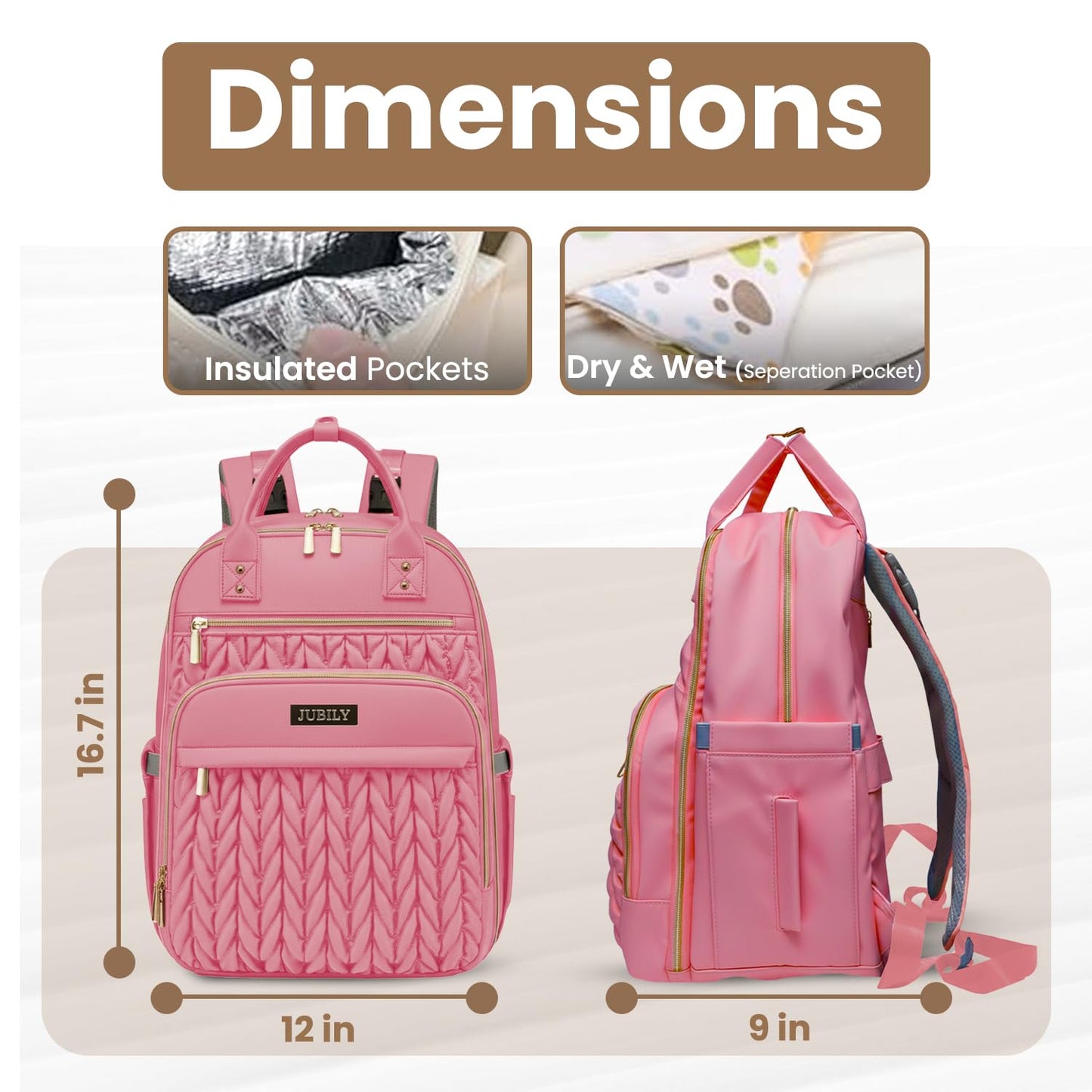 Jubily - Mochila para pañales de 30 L, impermeable, con 5 compartimentos, 20 bolsillos, ranura para portátil y cambiador (rosa)