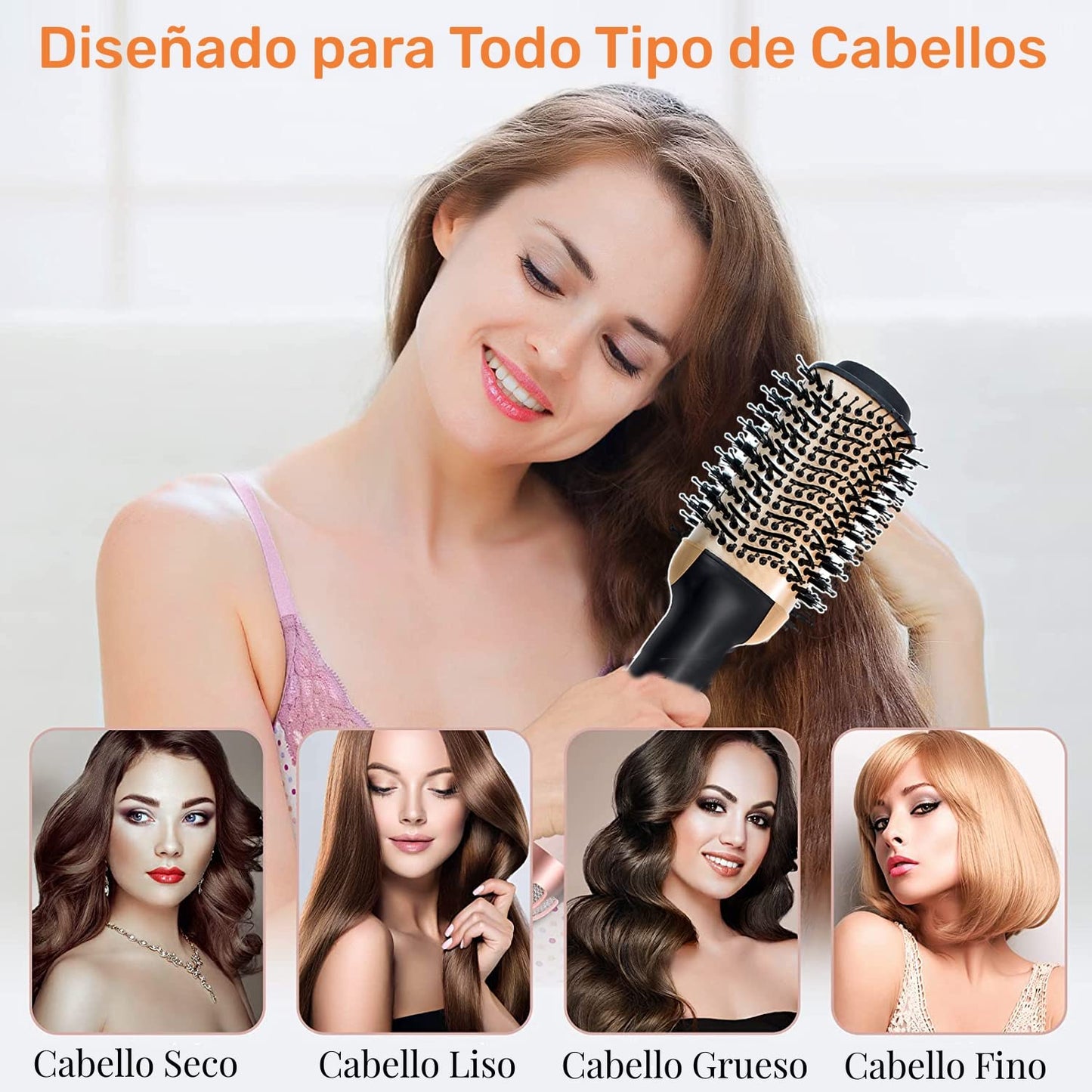 Cepillo Secador de Cabello Multifuncional, 4 en 1 Cepillo de Aire Caliente para Cabello y Voluminizador con Iones Negativos Antiencrespamiento para Secar, Alisar y Rizar | Cañón Cerámico de Titanio (Oro)