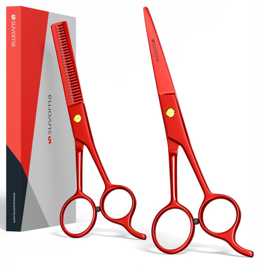 Suvorna Juego de tijeras de corte de pelo de 6,5 pulgadas con tijeras de adelgazamiento para peluqueros, peluqueros, uso doméstico - Juego de tijeras de pelo para adelgazar y cortar (rojo)