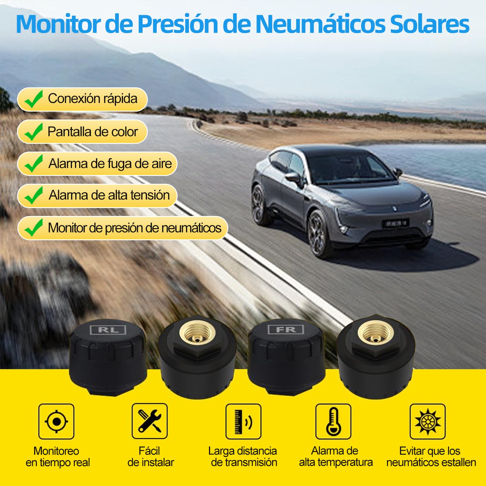 Sistema de Monitoreo de Presión de Neumáticos Inalámbrico con Pantalla LCD en Tiempo Real y Carga Solar USB