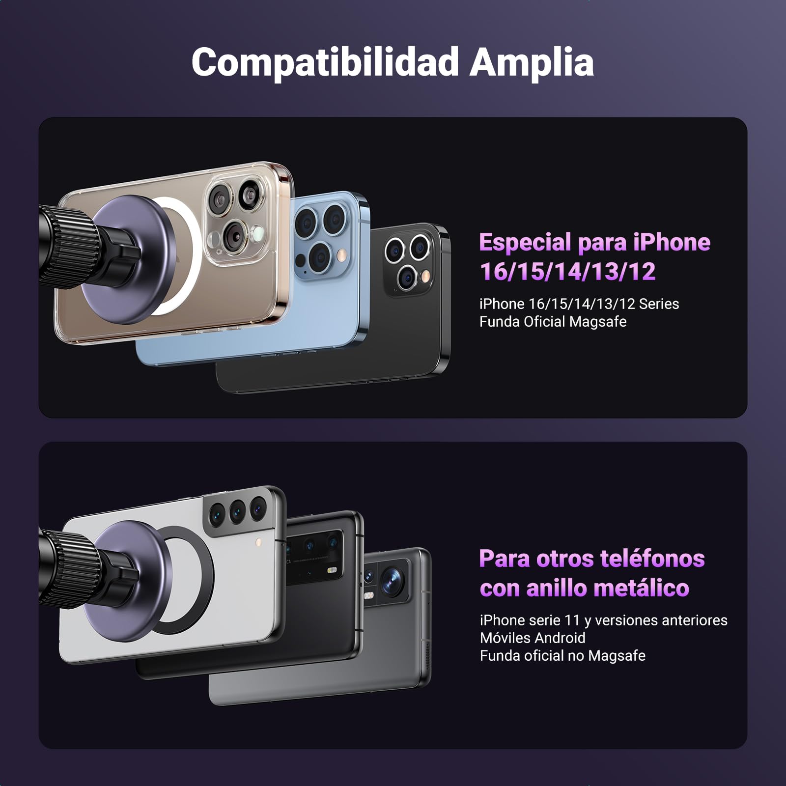 Soporte Celular Automóvil UGREEN Negro Multifuncional MagSafe 3 en 1 para iPhone y Todos los Celulares