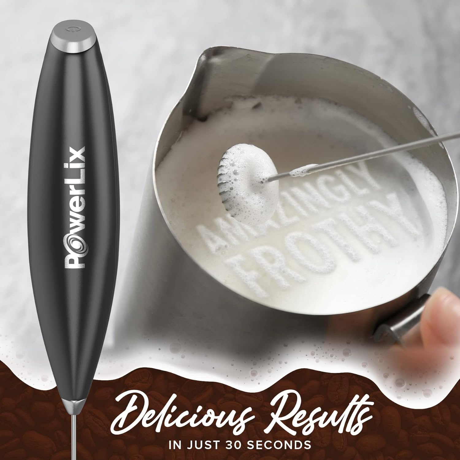 Espumador de Leche POWERLIX Negro Duradero con Batidor de Acero Inoxidable y Soporte Incluido