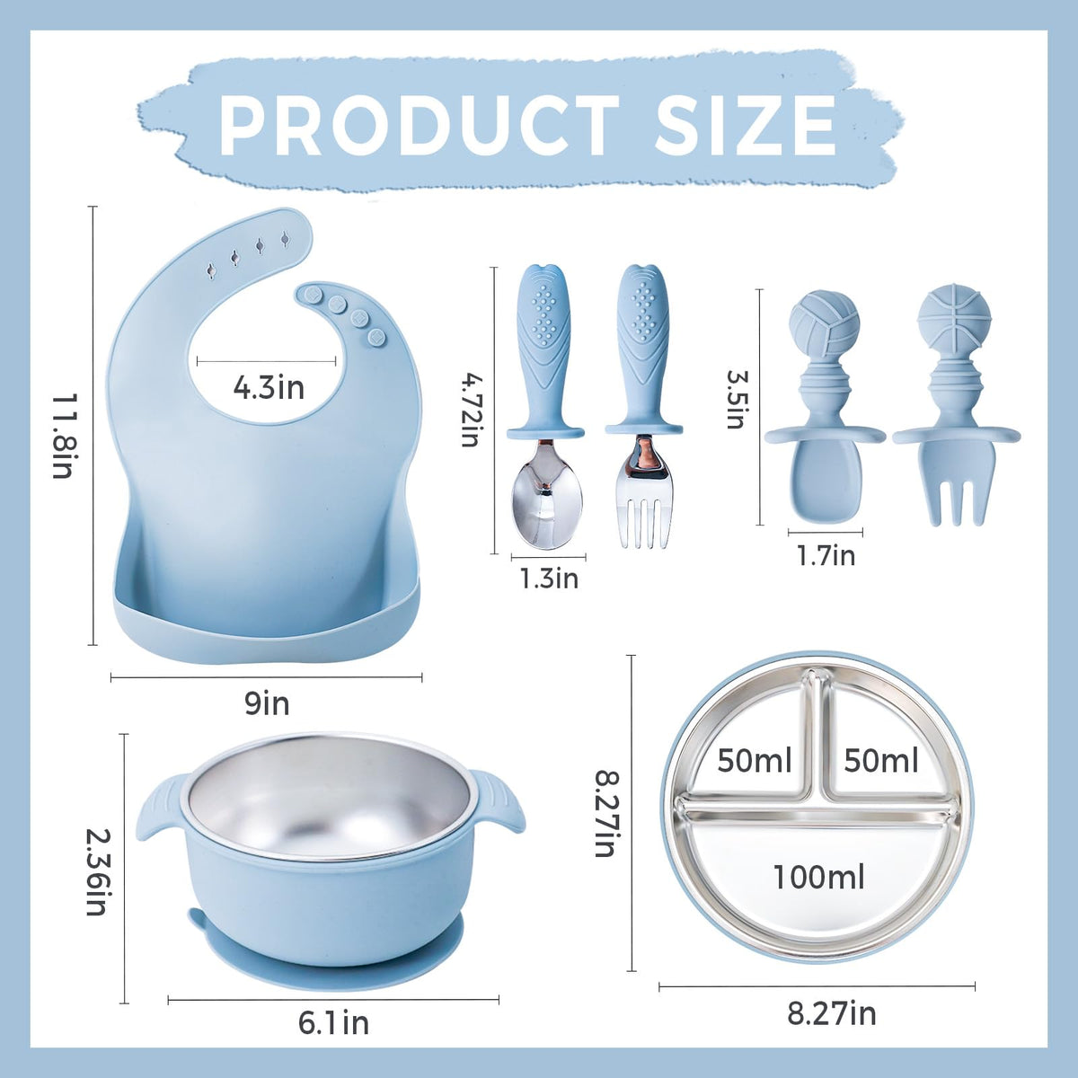 Juego de 7 piezas de acero inoxidable 304 para bebés y niños pequeños, platos divididos con succión, cuencos, tenedor de cuchara de silicona y acero inoxidable, babero de bolsillo irrompible, apto