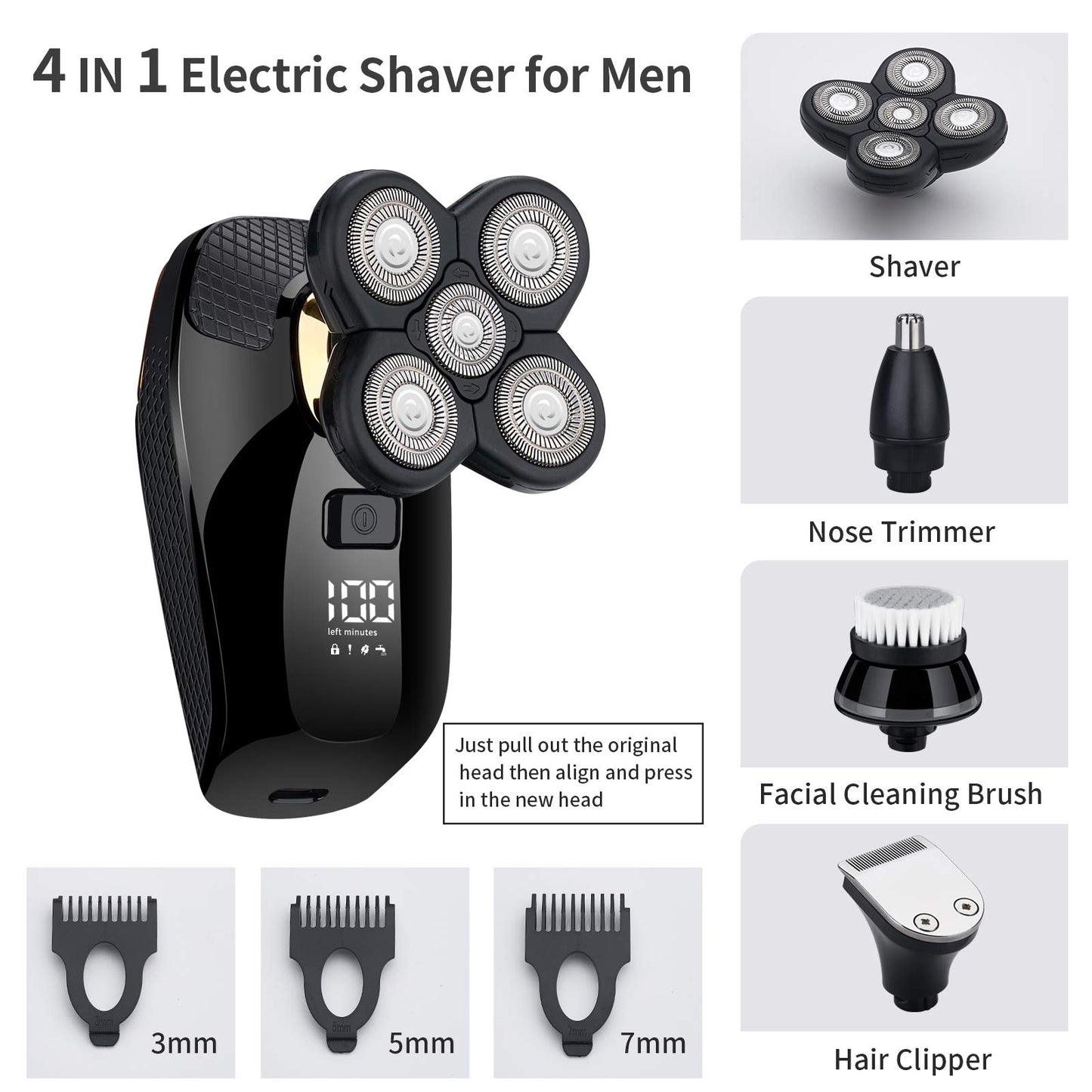 HONTEC Juego de afeitadora de cabeza eléctrica 4 en 1, también se adapta a afeitadora de cabeza Freedom Grooming con cortapelos para nariz y oídos, limpieza facial, maquinillas de afeitar inalámbricas, IPX6, impermeable, húmedo y seco