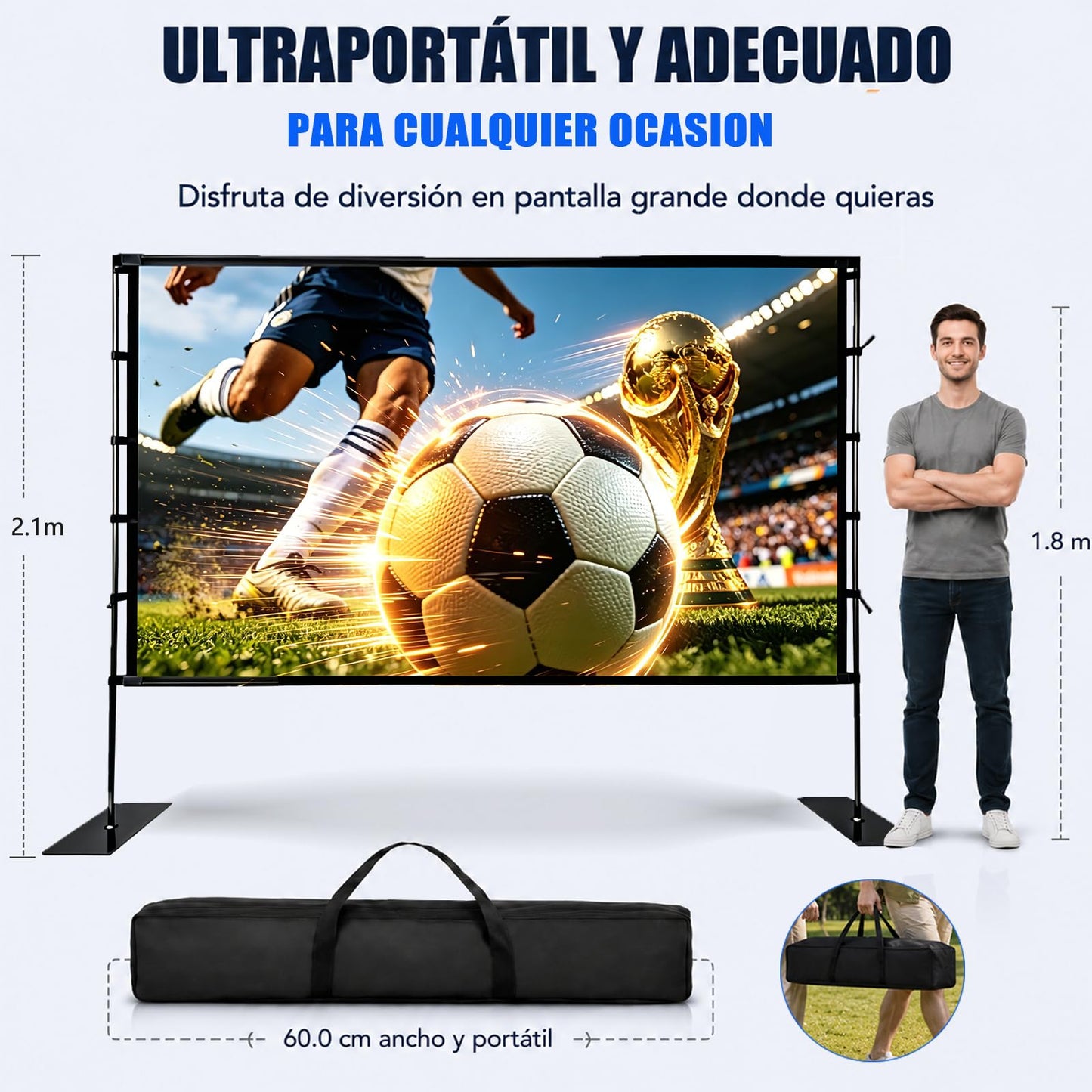 UDUEUD Pantalla para Proyector de 100 Pulgadas，Pantalla de Proyección de Alta Definición 4K，Soporte de Acero Mejorado, con Soporte, Proyección Doble Cara, para Hogar, Exterior, Bodas y Reuniones