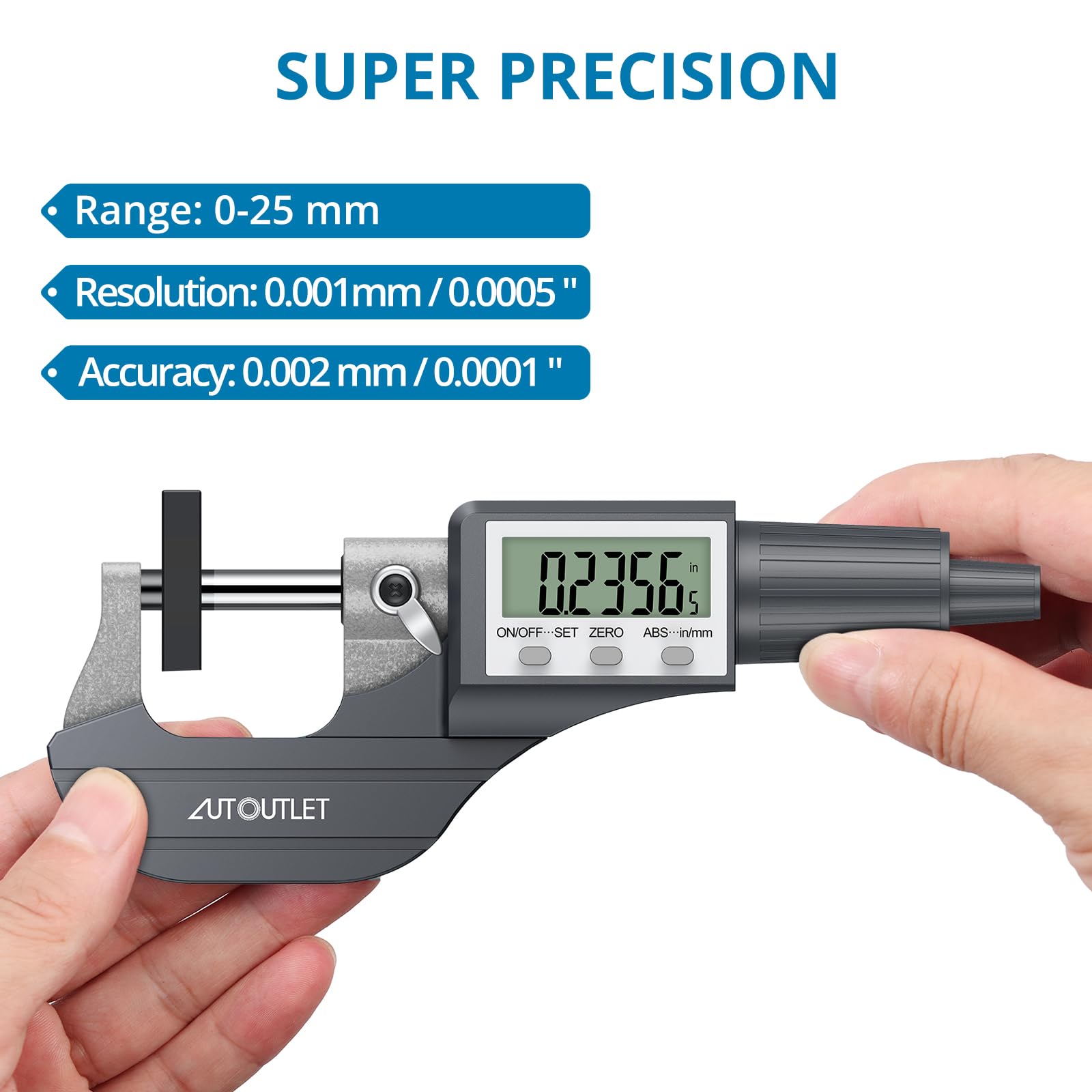AUTOUTLET - Micrómetro electrónico digital de 0 a 25 mm, herramienta de medición de precisión con visualización LCD y estuche de transporte para una medición precisa