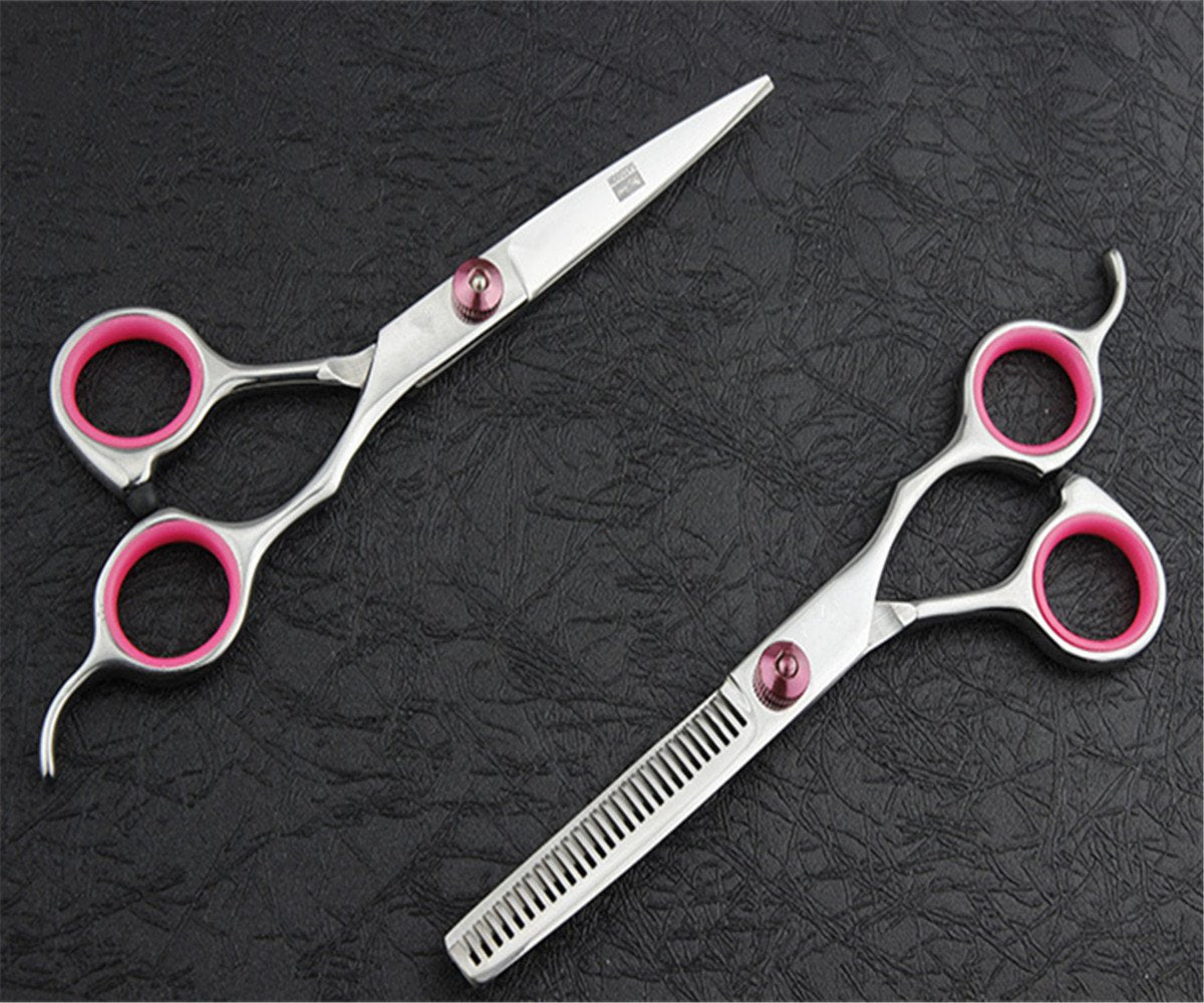 Tijeras profesionales para cortar el pelo, juego de tijeras de peluquería, kit de adelgazamiento de pelo familiar, herramienta de corte de pelo de peluquería, textura de adelgazamiento, rosa, 6 pulgadas
