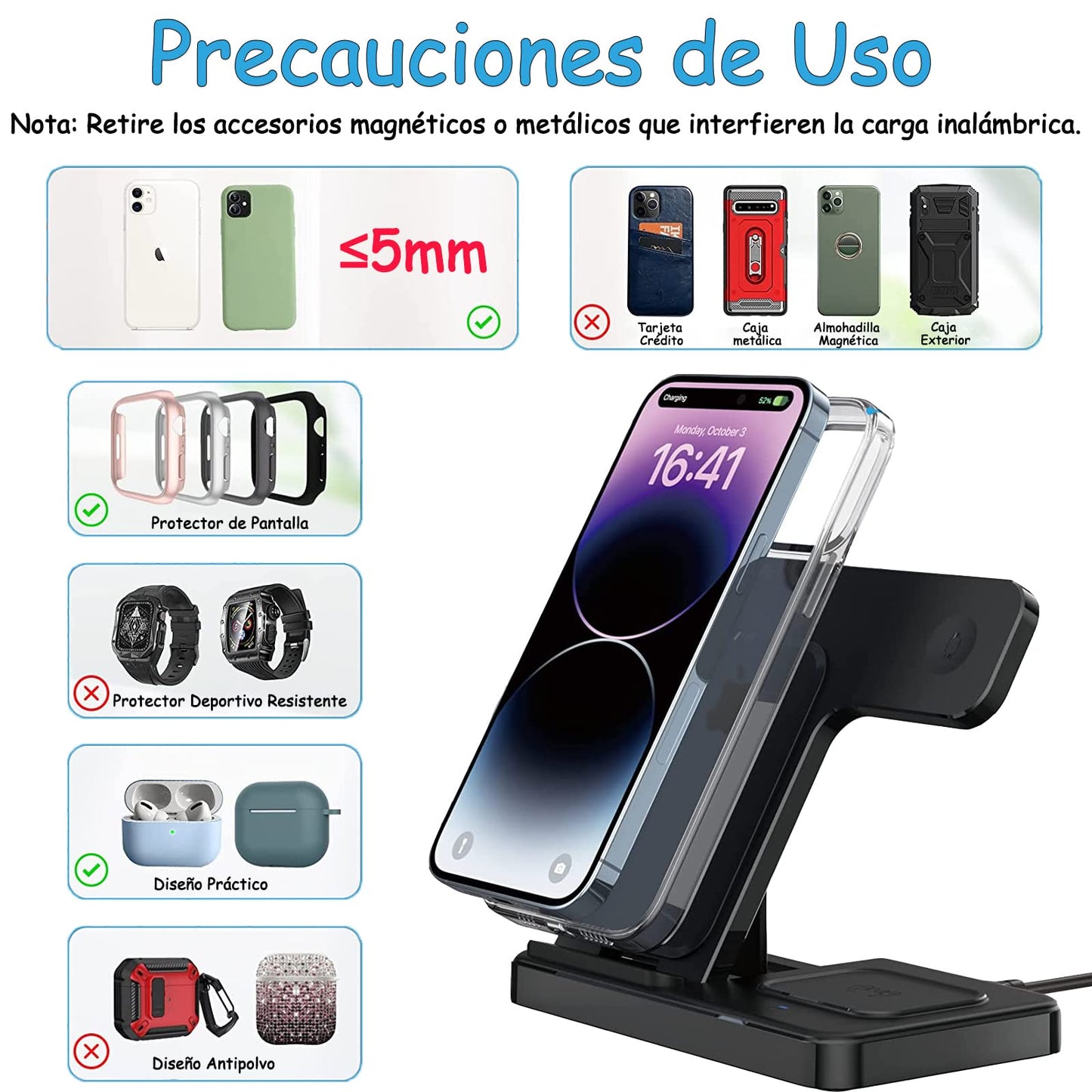 Cargador Inalámbrico 3 en 1 con Cabezal QC3.0 de 18W para iPhone, Samsung, Apple Watch, AirPods