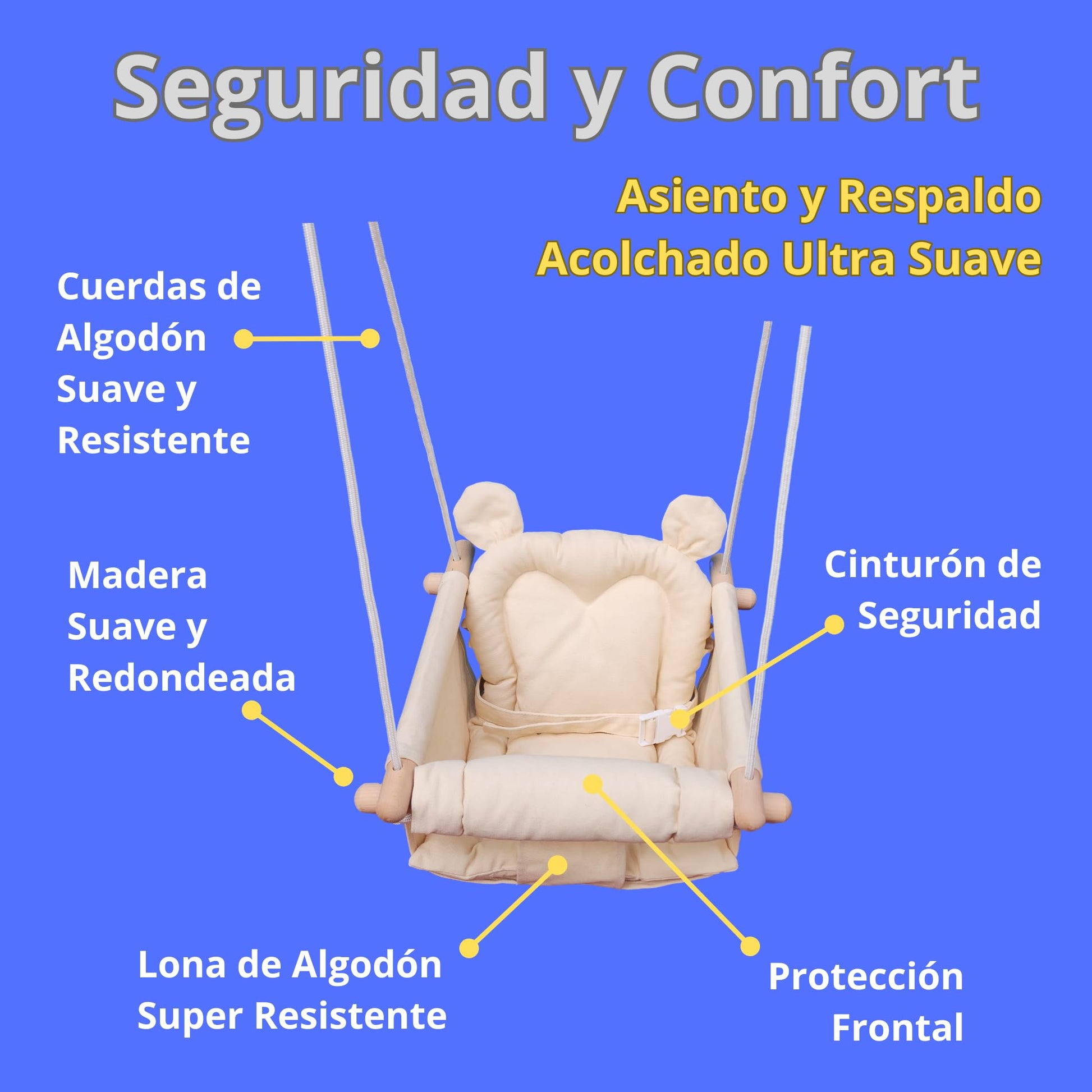 IVREA Asiento de Columpio de Tela Acolchado Modelo Oso para Bebés y Niños Pequeños - Altura Ajustable, Diseño Seguro, Suave y Cómodo. Beige.