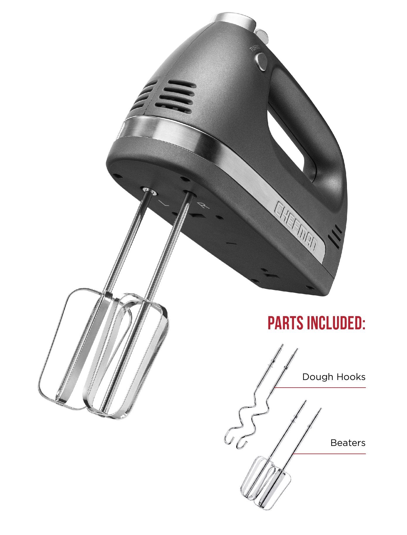 Chefman, Batidora de Mano, 5 Velocidades, Turbo Power, Mezcla, Bate y Amasa, Aspas de Acero Inoxidable, Diseño Ergonómico que te dara versatilidad en la cocina, Gris