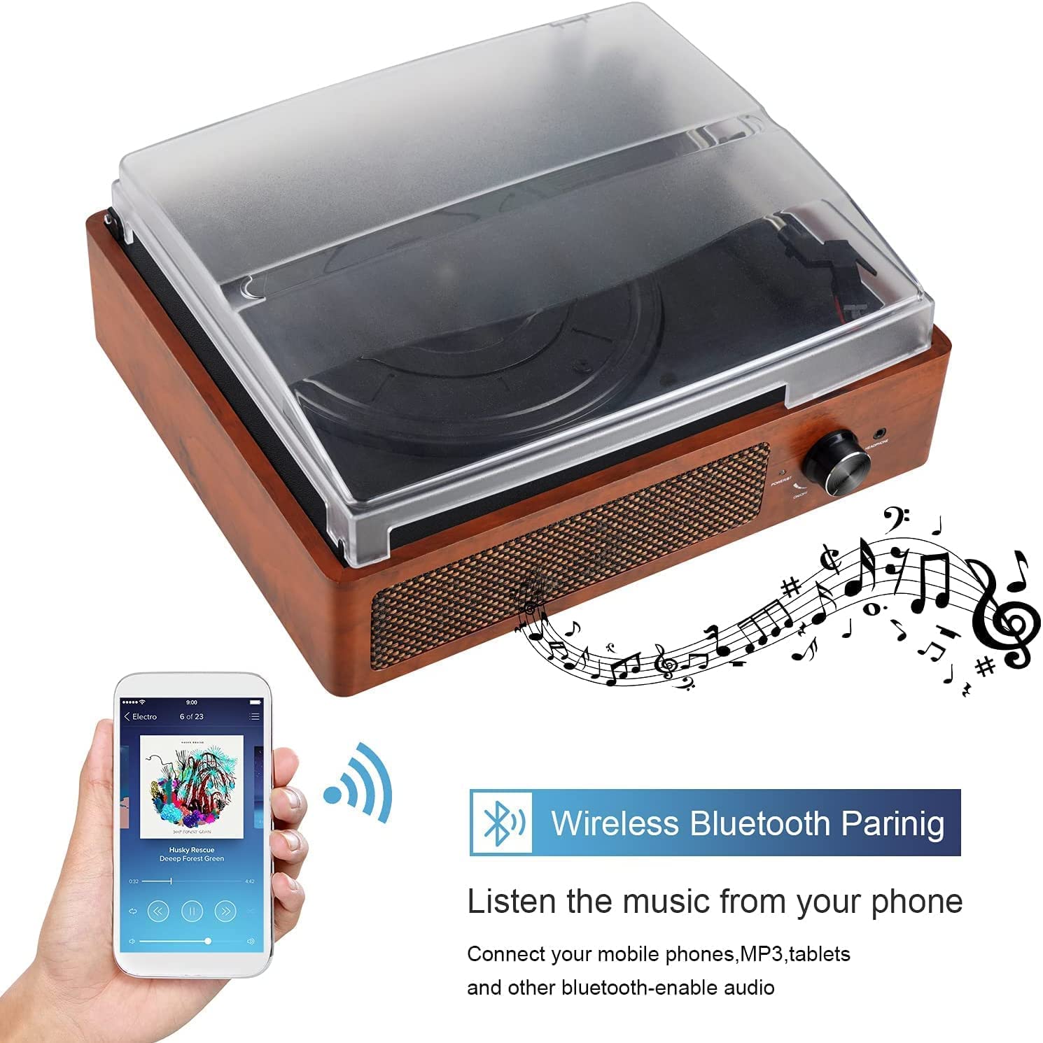 Kedok Tocadiscos de Vinilo Bluetooth con Altavoces y Tocadiscos para Discos de Vinilo, 3 velocidades, accionado por Correa, Tocadiscos de Vinilo para Entretenimiento AUX en Salida RCA
