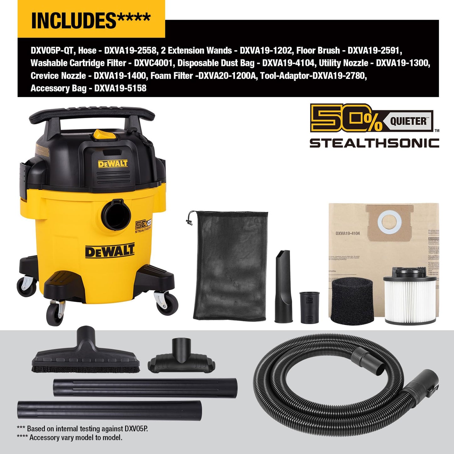 DEWALT - Aspiradora de 5 galones para seco húmedo, DXV05P-QT con reducción de Ruido, DXV05P-QT