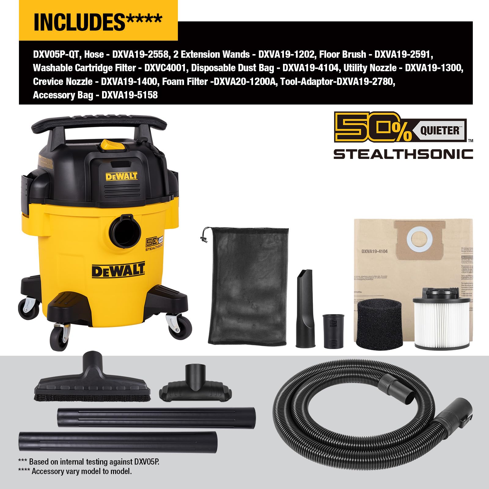 DEWALT - Aspiradora de 5 galones para seco húmedo, DXV05P-QT con reducción de Ruido, DXV05P-QT
