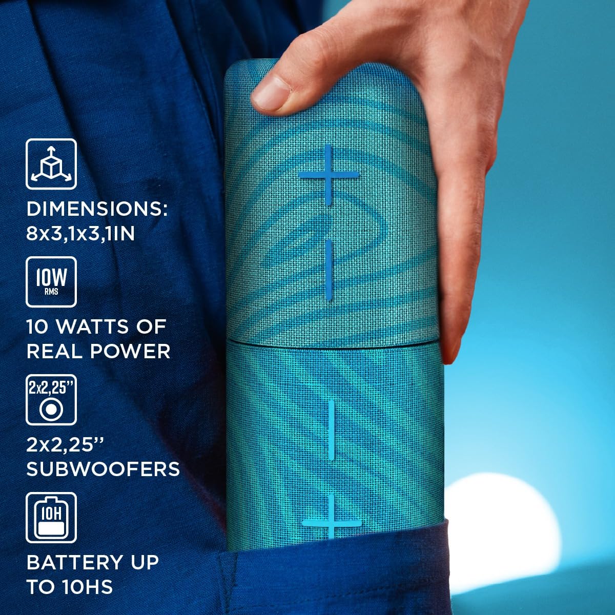 Stromberg - Mini altavoz portátil doble 2 en 1 con Bluetooth, potencia de 10 W, tiempo de reproducción de 10 horas, azul cielo y azul