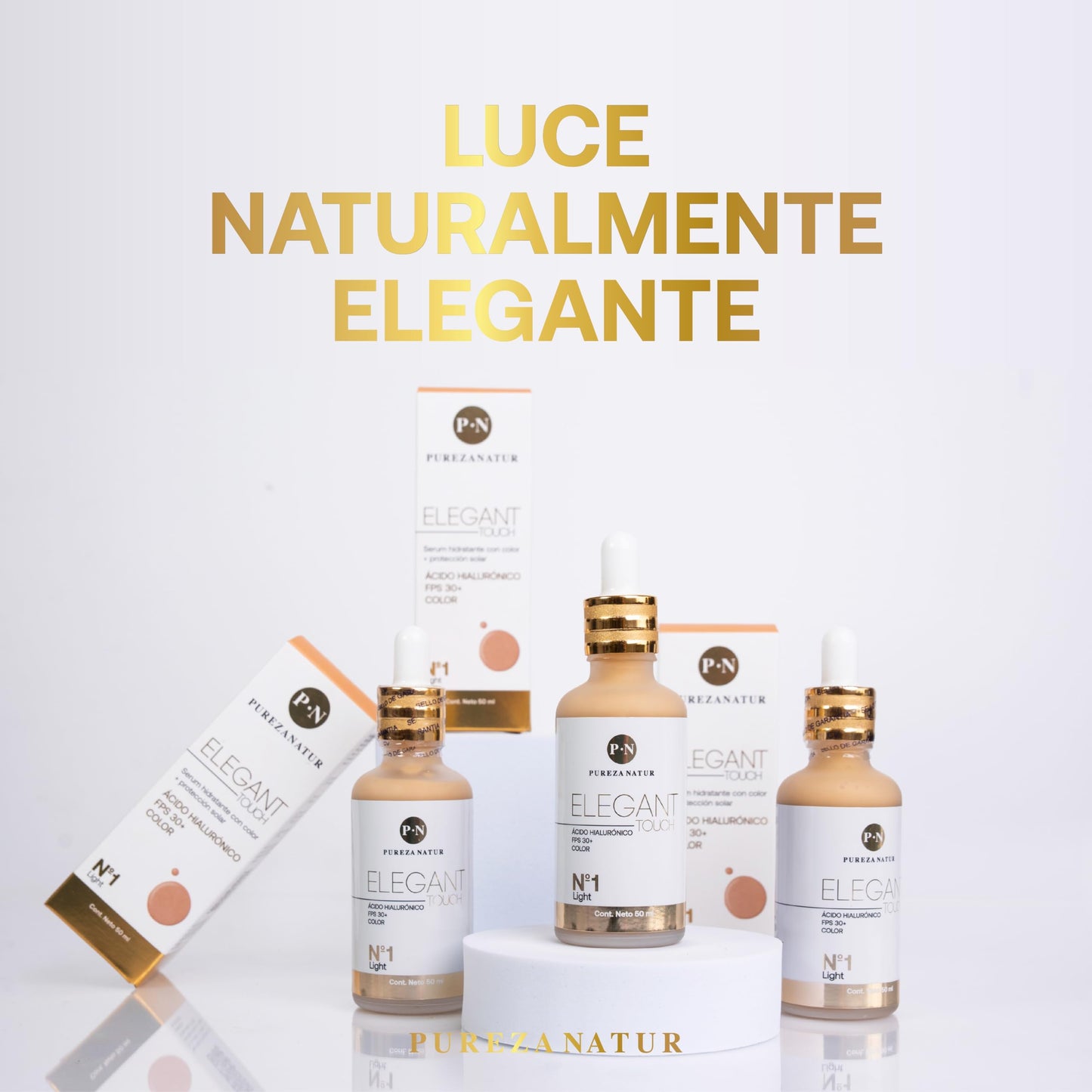 PUREZA NATUR Serum hidratante facial con Ácido hialurónico + FPS 30 + Color Elegant touch 3 en 1 50ml (N1 Light)