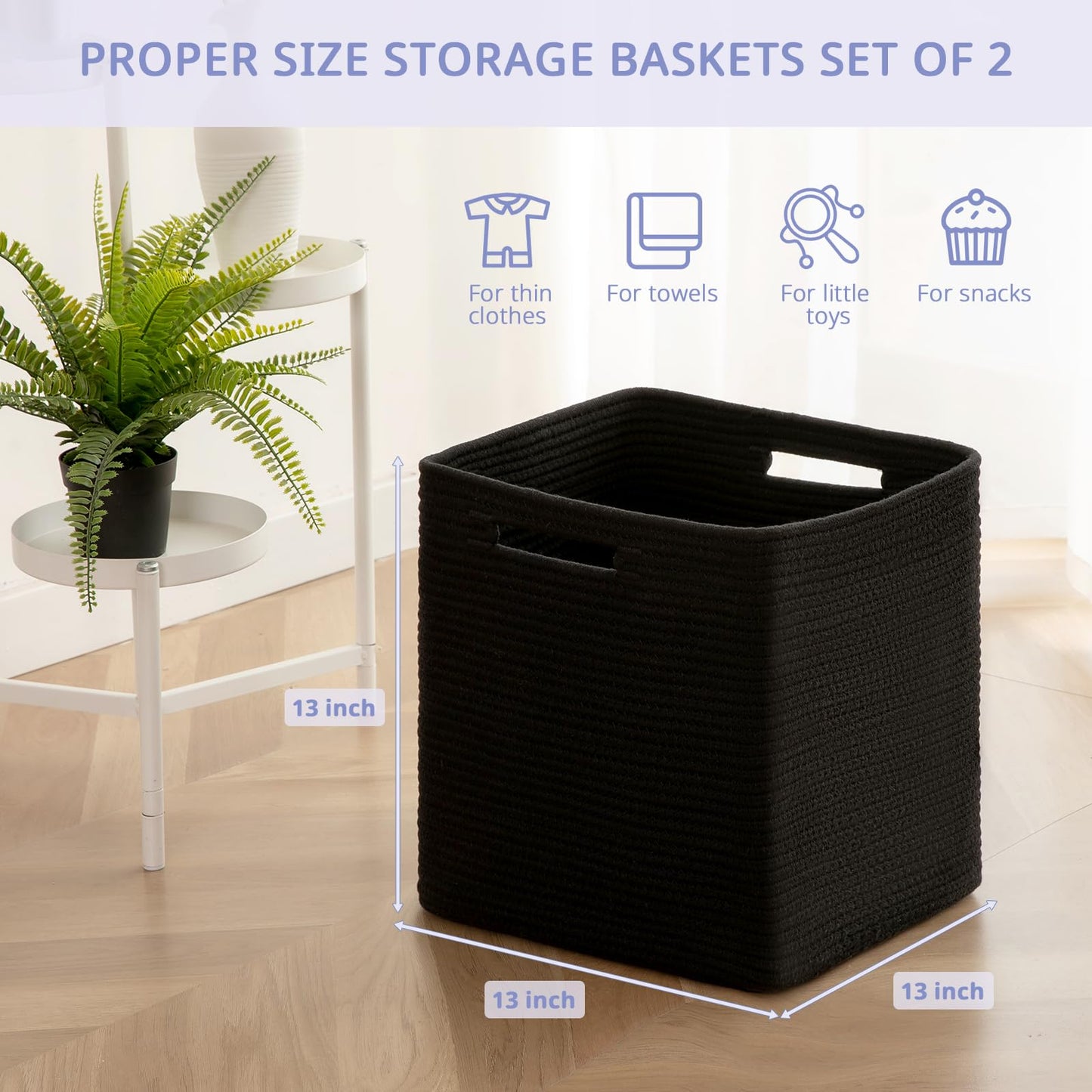 OIAHOMY - Cestas tejidas de cuerda de algodón para organizar, 13 x 13 pulgadas, paquete de 2 unidades, color negro