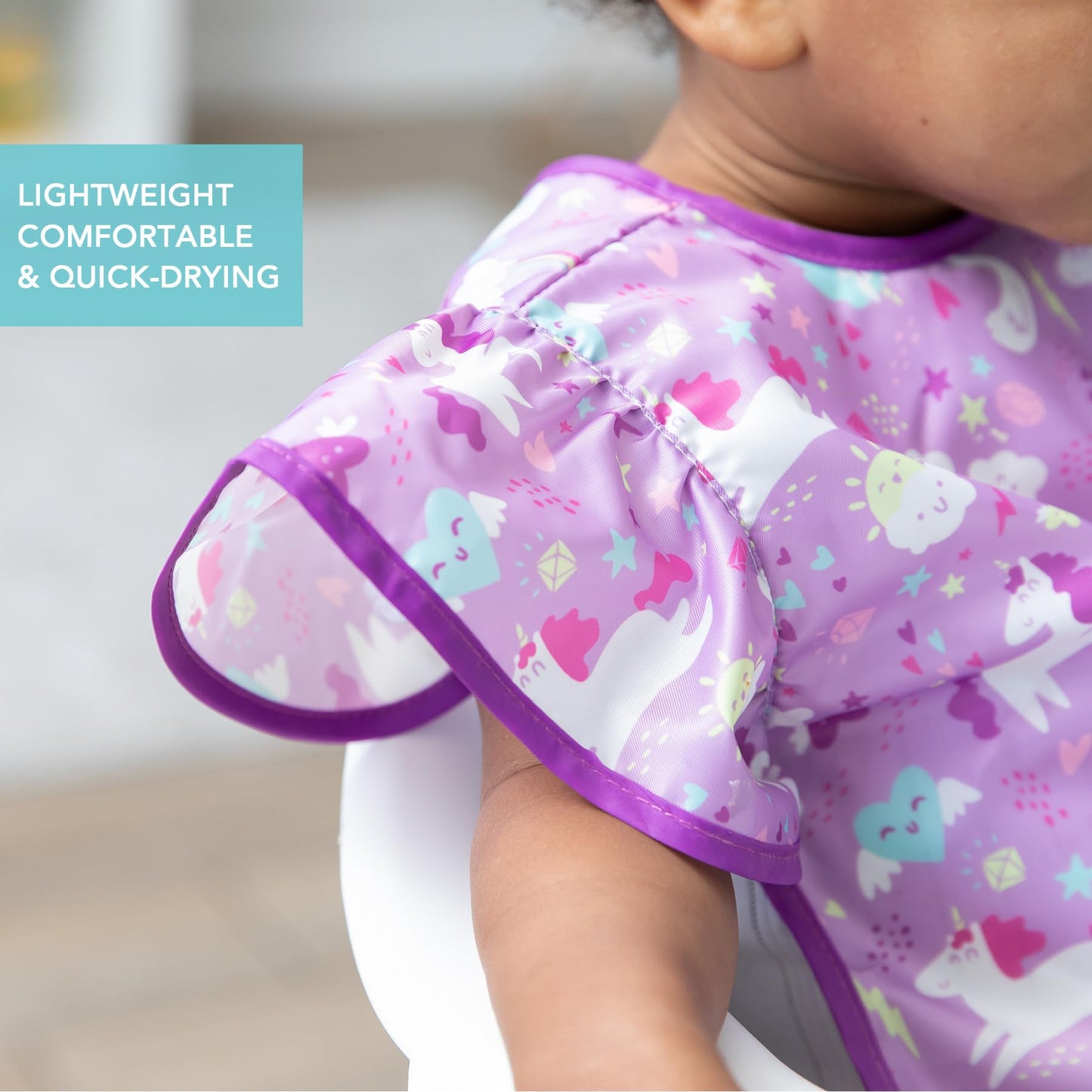 Bumkins - Delantal con volantes y 2 bolsas para sándwich, tela impermeable, unicornios y arco iris