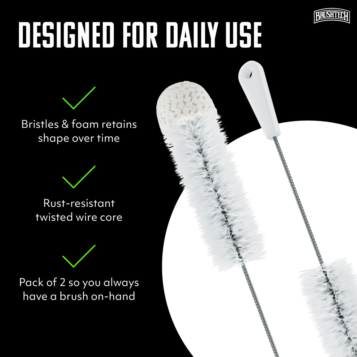 Brushtech - Cepillo para biberones con punta de espuma, paquete de 2 – cerdas duraderas y suaves y punta de espuma para limpieza profunda de biberones, fabricado en Estados Unidos, herramientas de