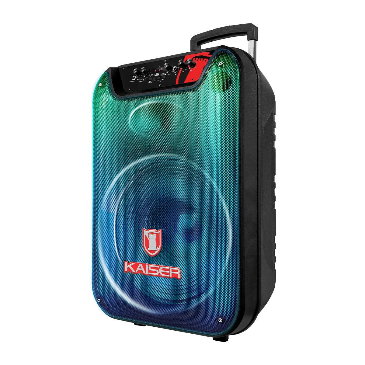 Bocina Profesional de 15 Pulgadas con Luz Flama Frontal Recargable, 35W RMS, Bluetooth, FM, USB, Micro SD, Aux, Micrófono Alámbrico y Ruedas para fácil transportación y manija retráctil KSW-3515