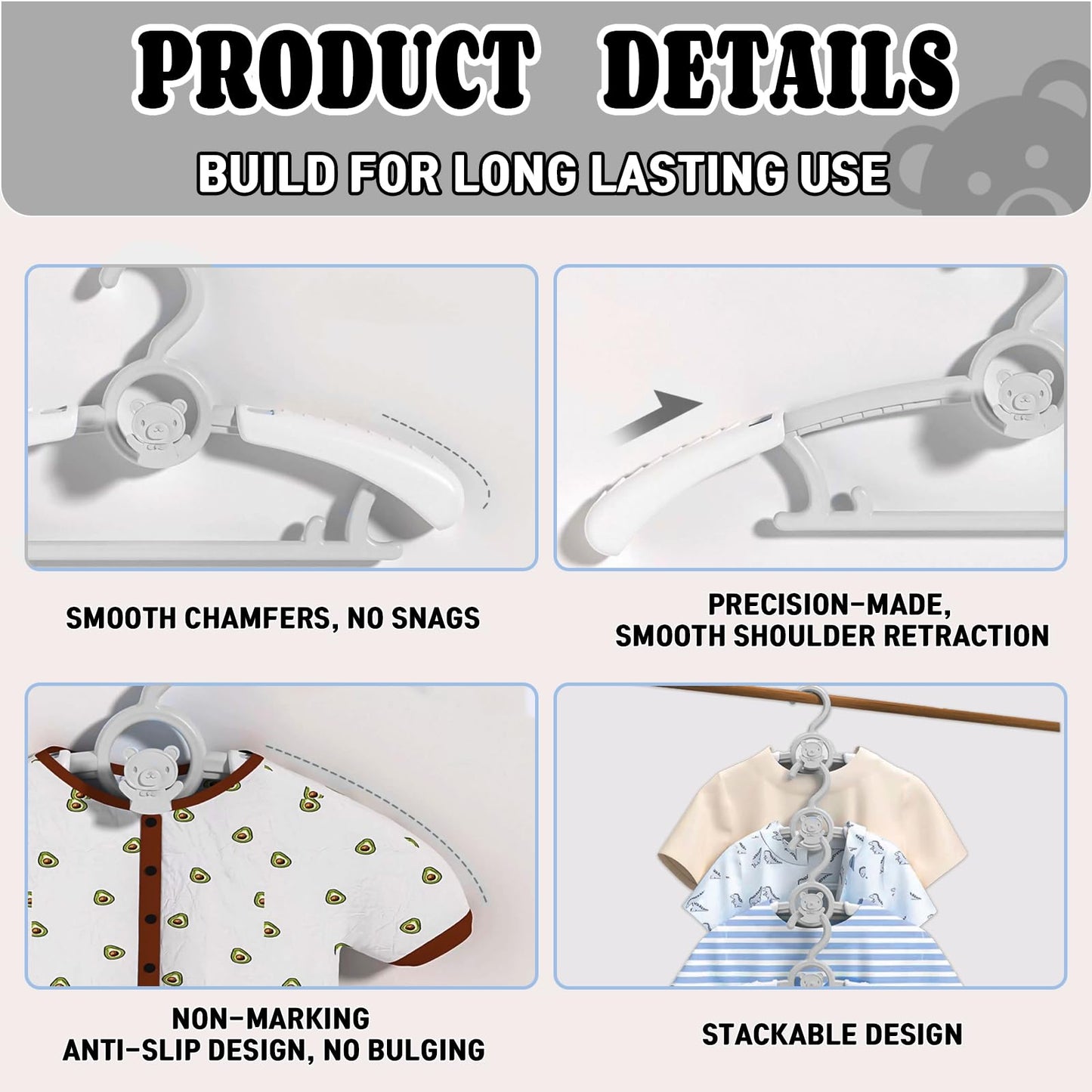 HGYZE - Perchas de clóset para bebé, Ultra Delgadas, Antideslizantes y Extensibles, para Ropa de recién Nacido, 20 Piezas de Regalo Gris, Percha de Ropa Ajustable para niños y niñas