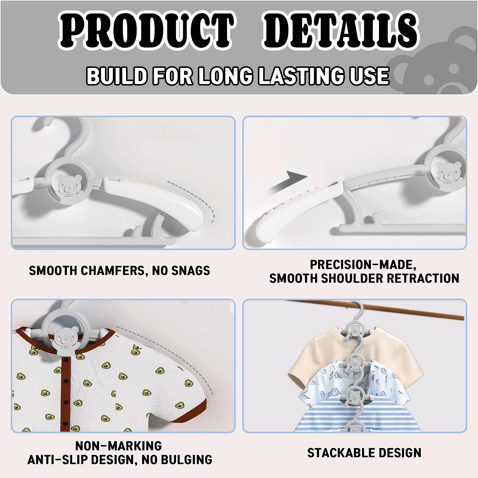HGYZE - Perchas de clóset para bebé, Ultra Delgadas, Antideslizantes y Extensibles, para Ropa de recién Nacido, 20 Piezas de Regalo Gris, Percha de Ropa Ajustable para niños y niñas