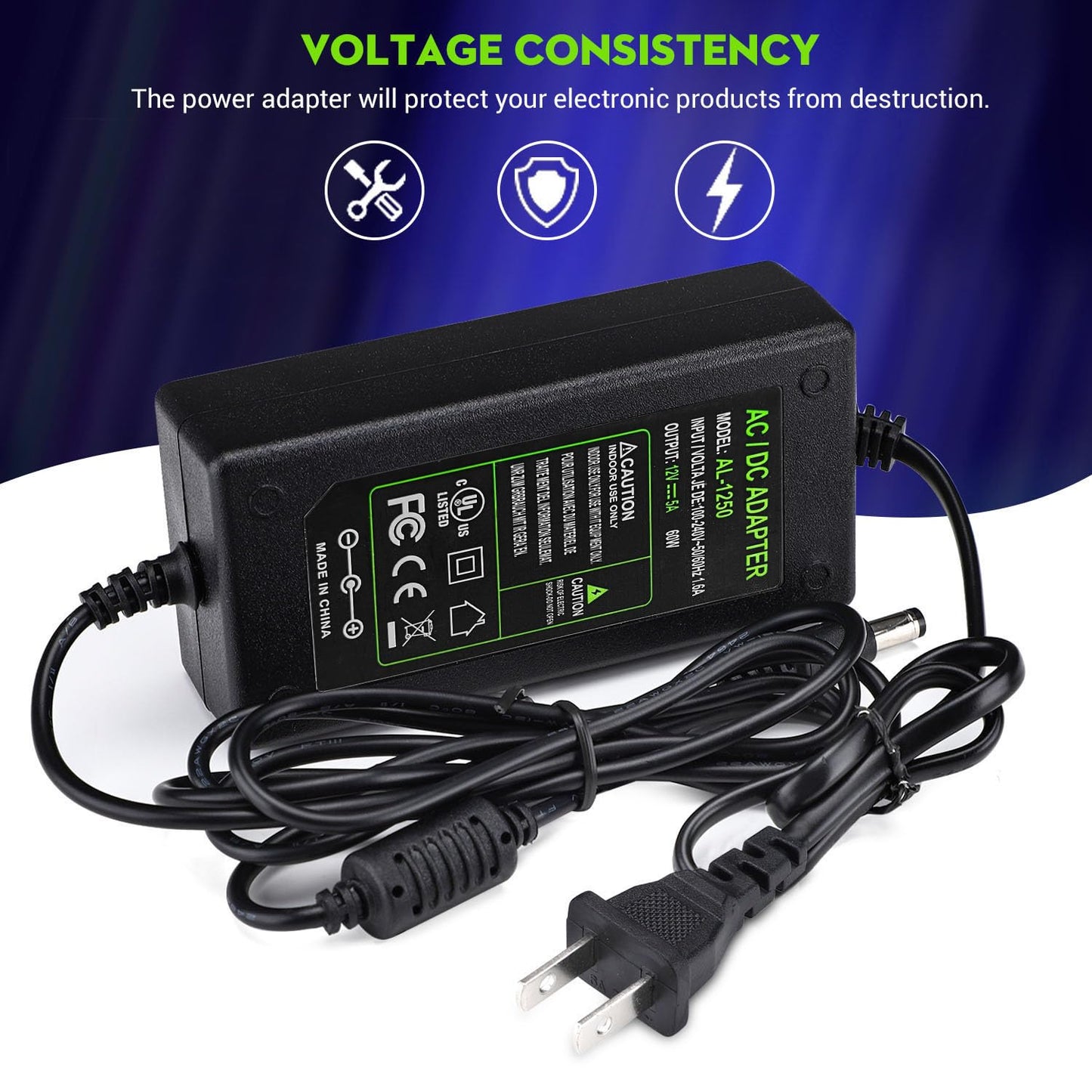 DC 12V 5A Power Supply Adapter, US Plug, 4.6FT Power Code, AC 100-240V to DC 12V 5A Switching Transformer Jack 5.5mm x 2.5mm for LED Strip, Light, Cameras CCTV