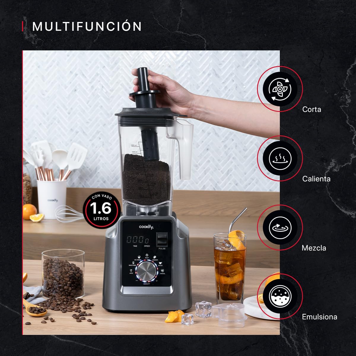 Cookify Licuadora Profesional de Alto Poder con Pantalla Digital y Temporizador, Uso Rudo, Vaso 1.6 Lts. (PB005)