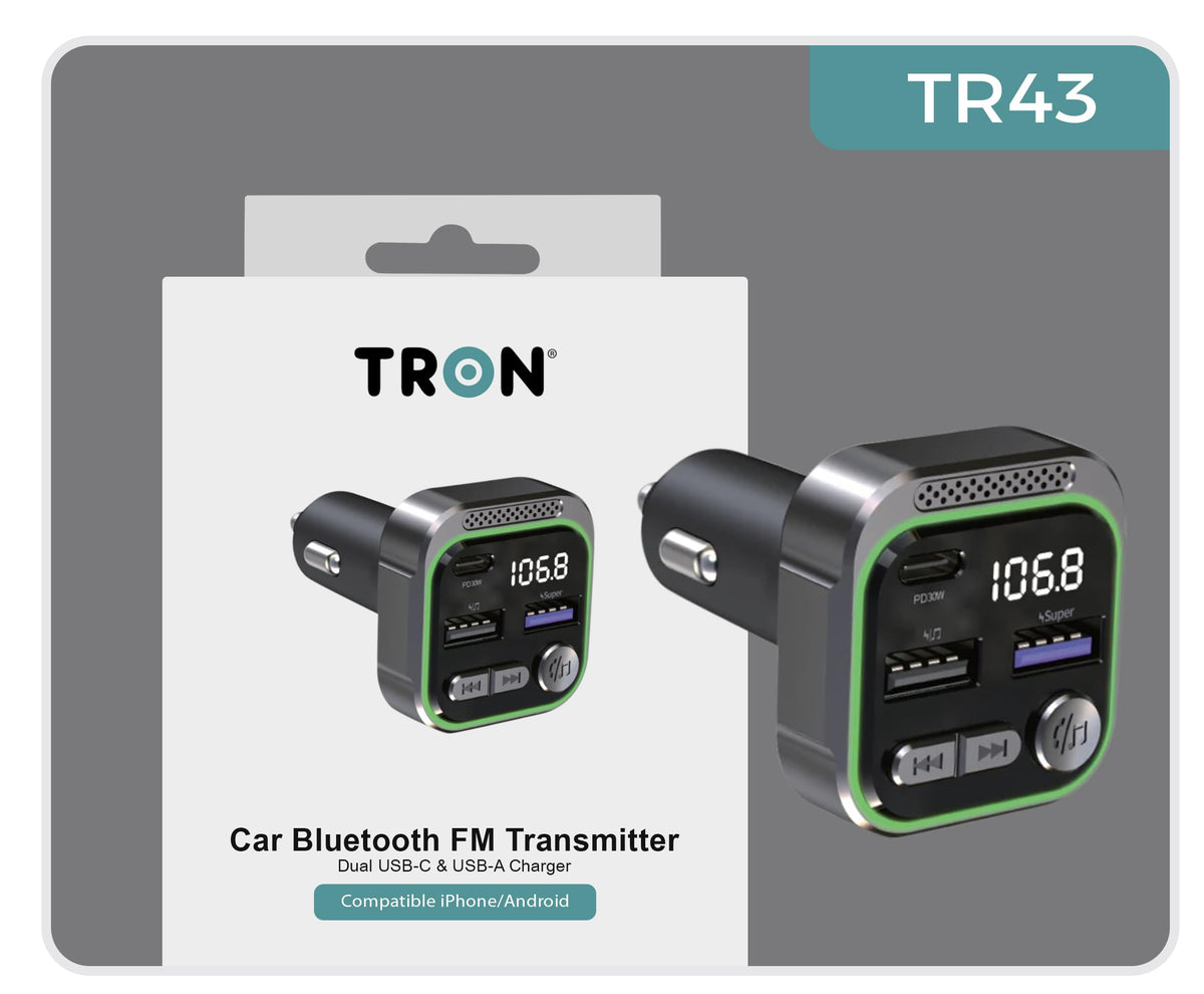 Transmisor FM Inalámbrico Tron Negro Carga Rápida Bluetooth Doble USB-C y USB-A para Coche