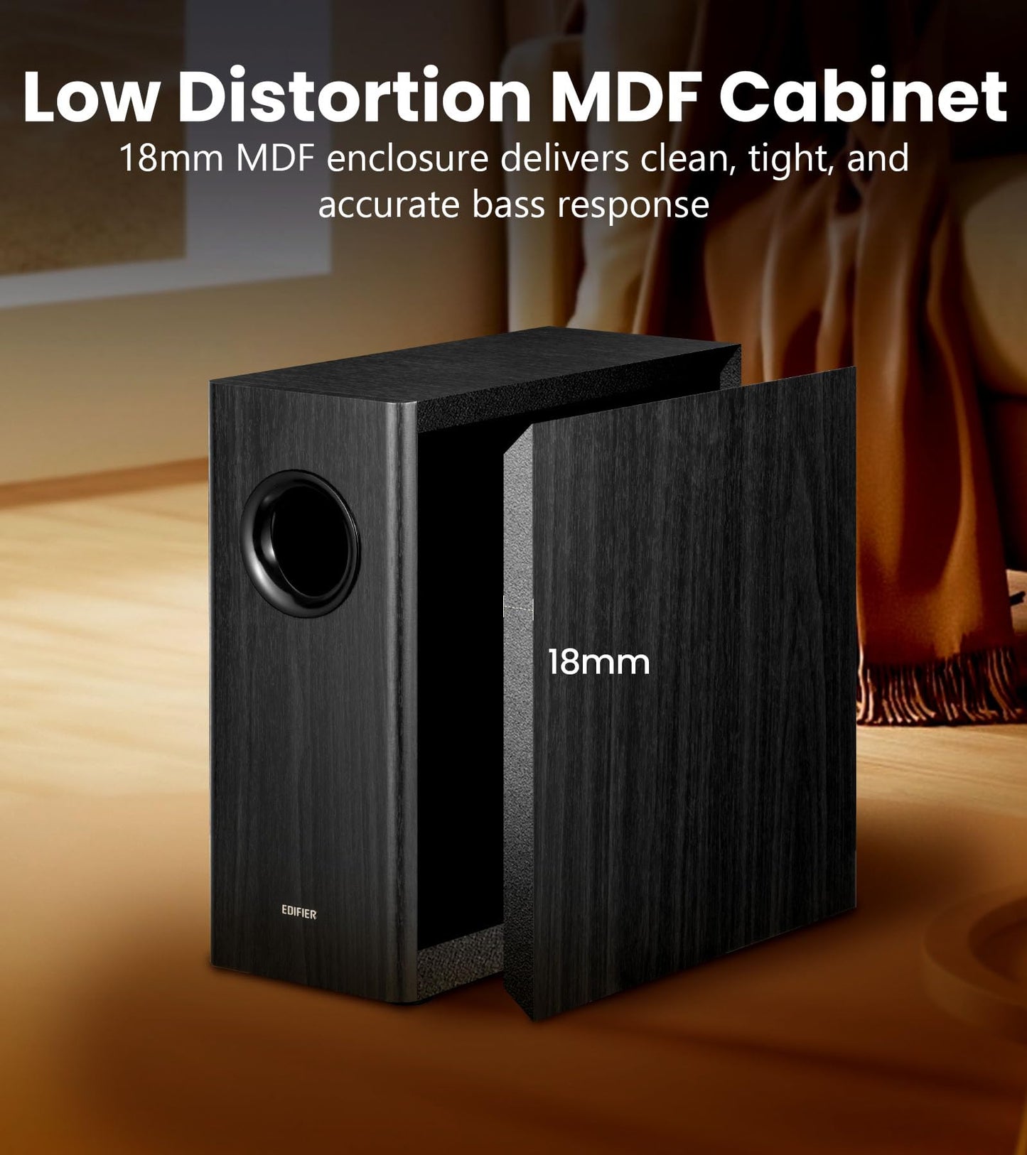 Edifier T5s - Subwoofer activo alimentado con 70 W RMS, woofer de 8 pulgadas de largo alcance, altavoz de graves profundos (35 Hz), amplificador incorporado, baja distorsión, selector de fase y