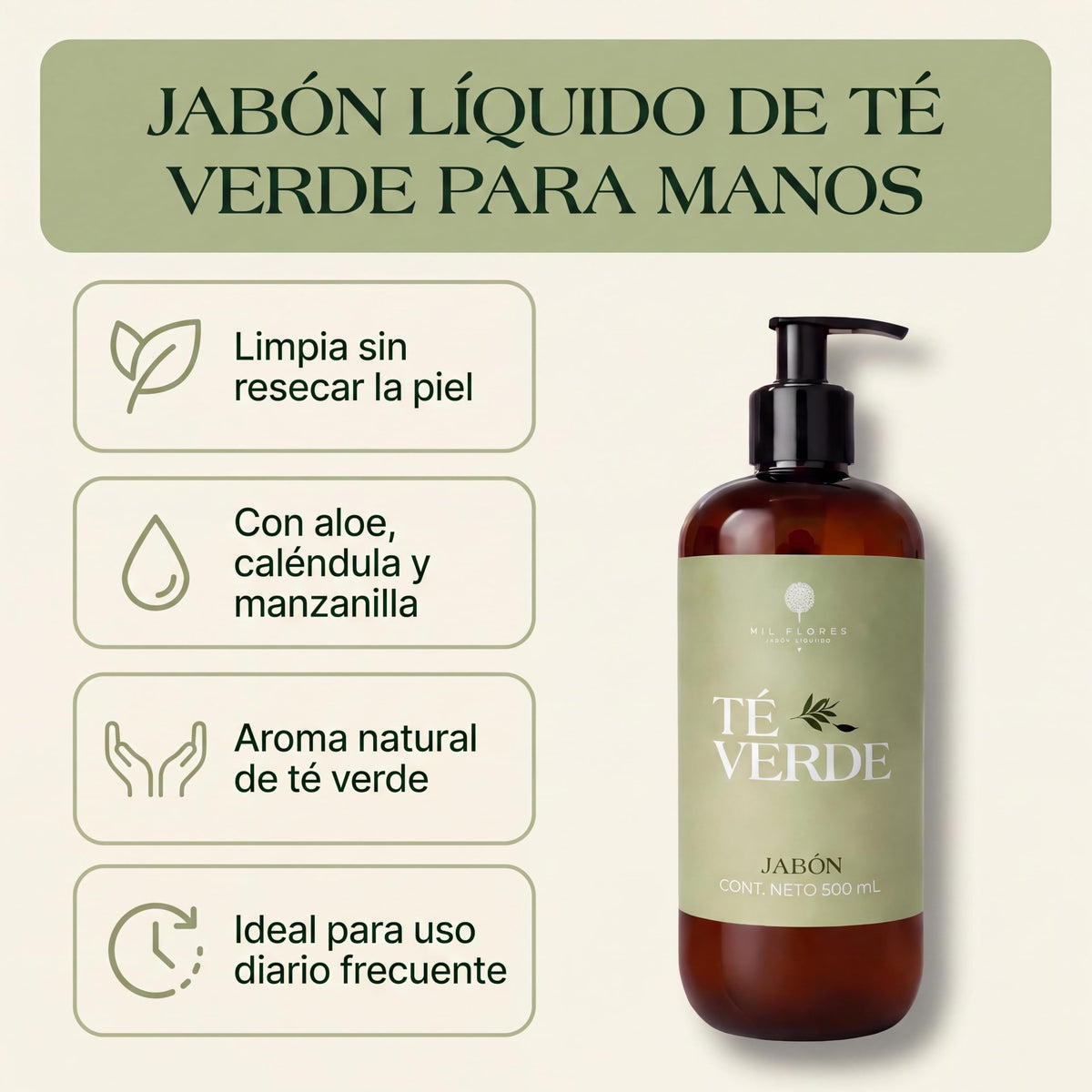 Mil Flores — Jabón Líquido Premium para Manos 500 ml TÉ VERDE | Ritual de Aromaterapia | Hidrata y Cuida la Piel | Esencias 100% Naturales