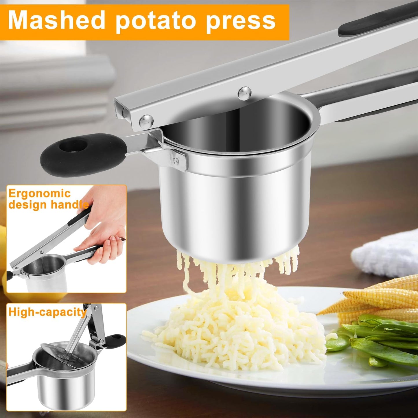 Kzings Aplastador de Papas Acero Inoxidable, con 4 Discos Intercambiables, Mango Ergonómico, Picador De Papas Y Frutas,Para Cocina En Casa