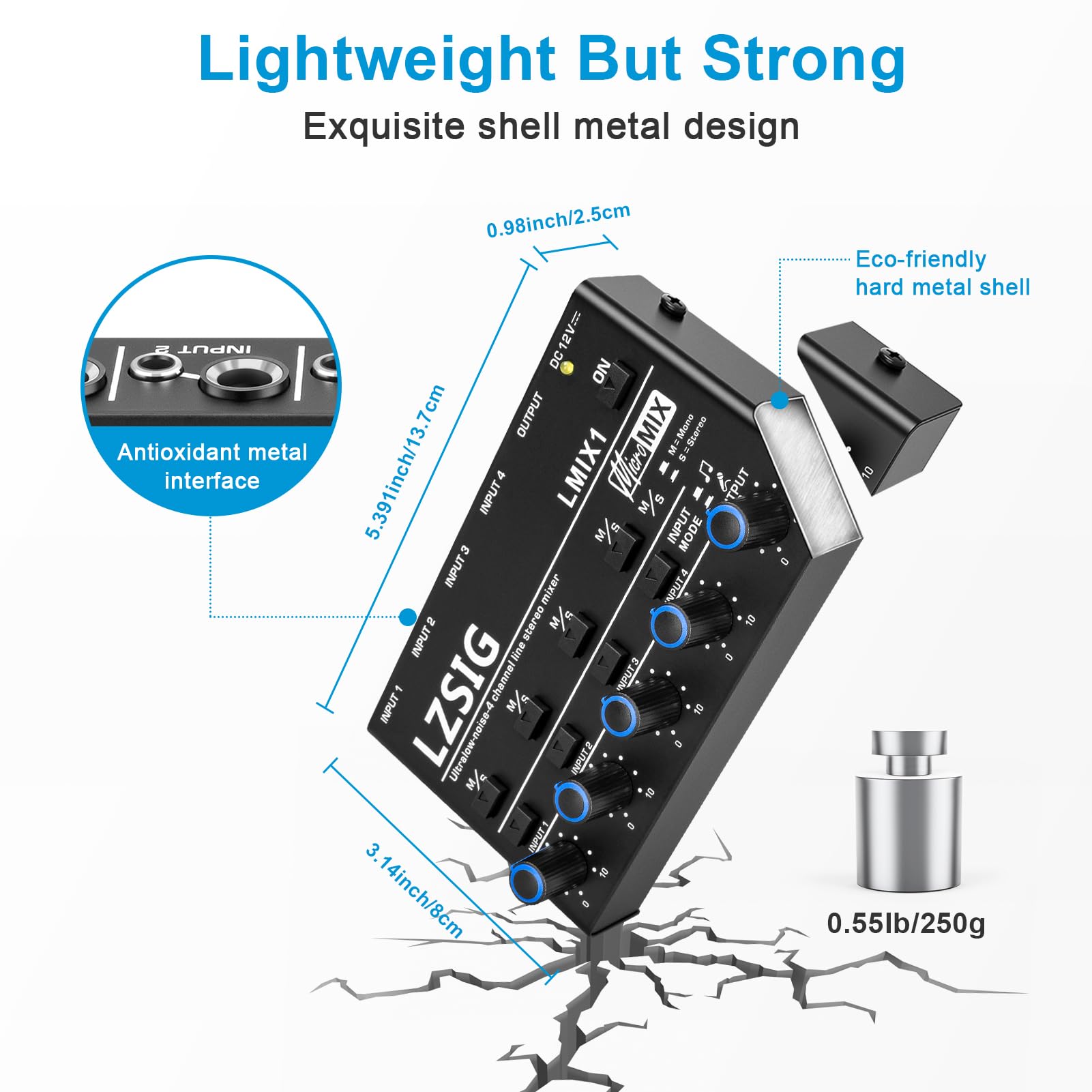 LZSIG Mini mezclador de audio, mezclador de línea estéreo para submezcla, ultra bajo ruido, 4 canales, control no empotrado de micrófono dinámico, salida y entrada TRS de 1/4 y 1/8 pulgadas, para