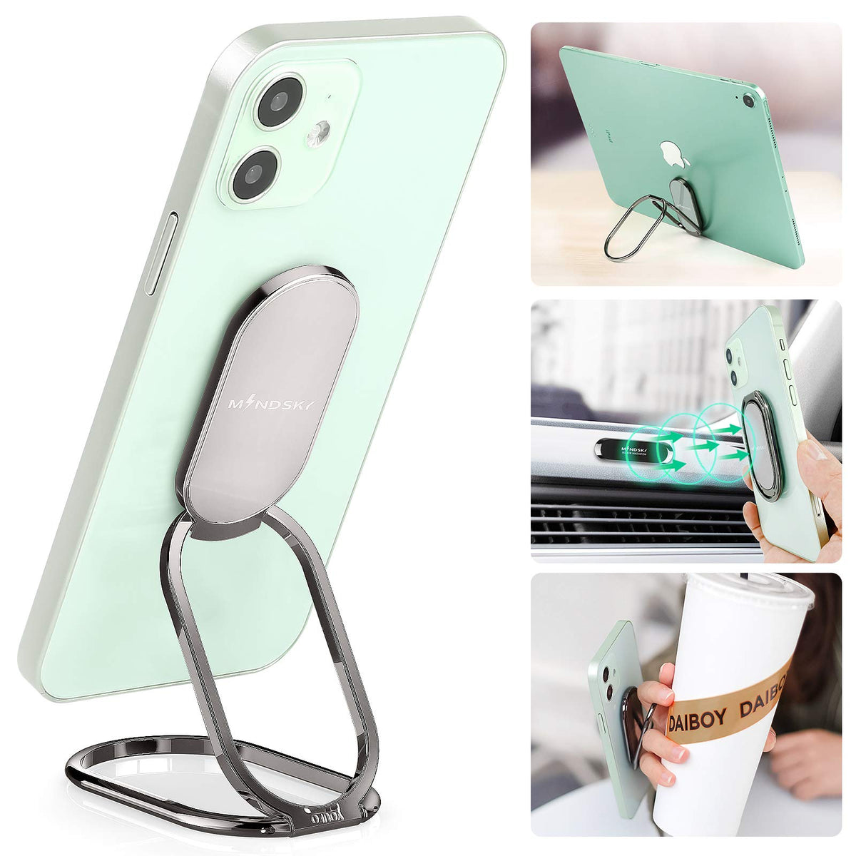 Soporte de Anillo para Teléfono Celular Compatible con iPhone iPad y Smartphones con Rotación de 360 Grados y Soporte Magnético Universal para Coche