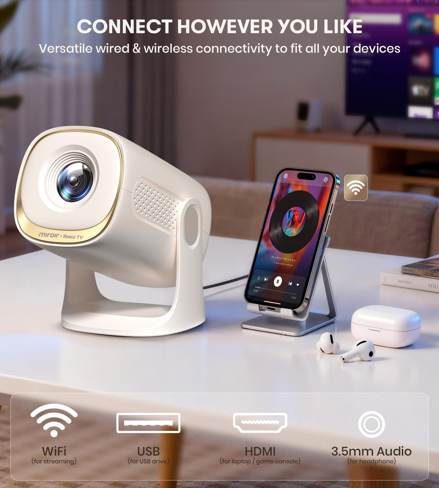 Miroir Mini proyector, proyector HD para el hogar con altavoz incorporado, enfoque automático, corrección Keystone, portátil para películas al aire última intervensión, compatible con smartphone, TV