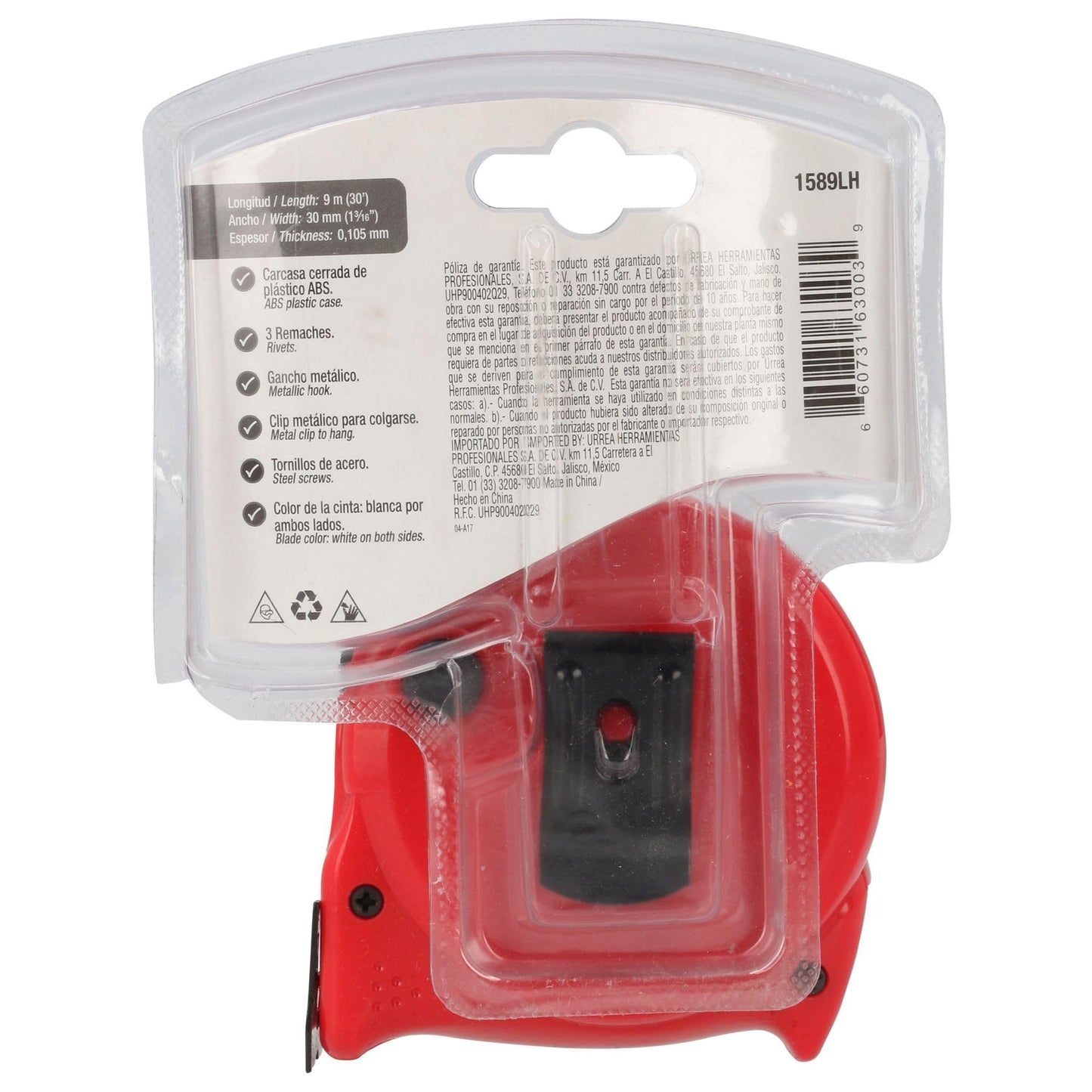 Flexómetro Industrial Urrea 1589LH con Hoja de Acero y Carátula de ABS TPR 9 M × 30 Mm 3 Remaches