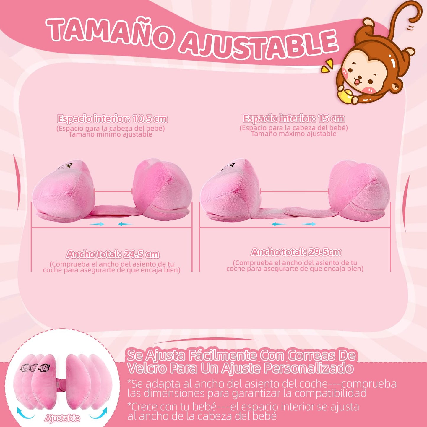 REKOBON Reposacabezas de Viaje Ajustable para Bebés, Paquete de 2, Rosa