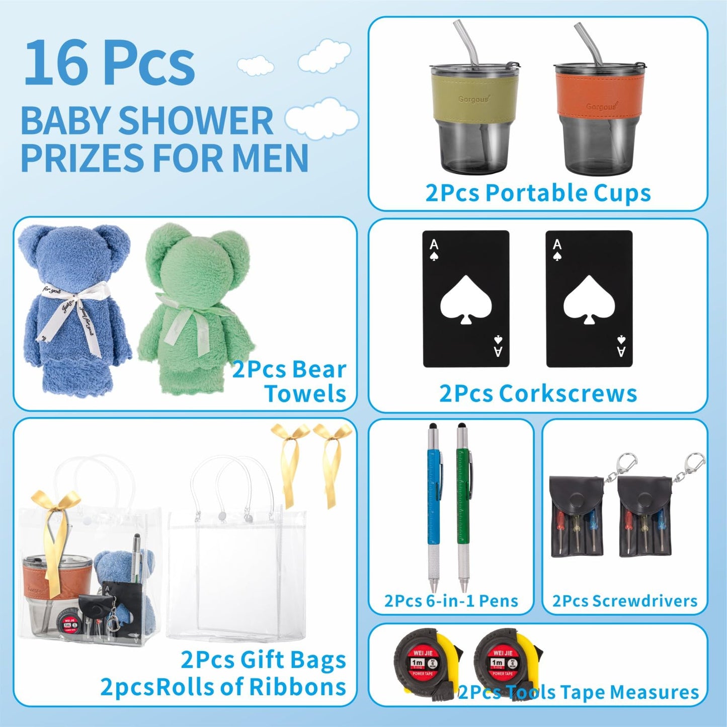 Buecobby - Juego de 2 premios para baby shower para hombres, con paño de limpieza de vasos de vidrio, mini destornillador, juego de llaveros, multiherramientas, divertidos premios útiles para