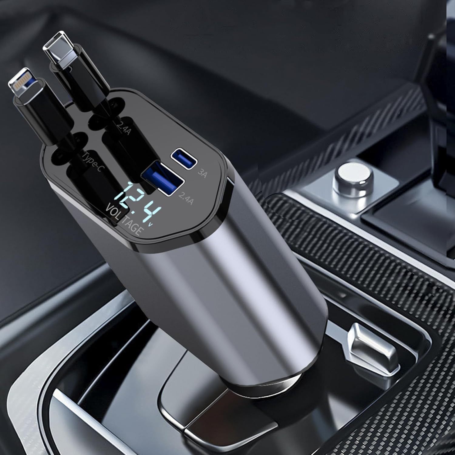 HKEDHD 120W Retráctil Cargador de Coche 4 en 1 Adaptador de Cargador de Coche con Cable Retráctil y Pantalla de Voltaje para Vehículos de 12/24 V, Compatible con Android, iPhone, Samsung,Huawei,Google