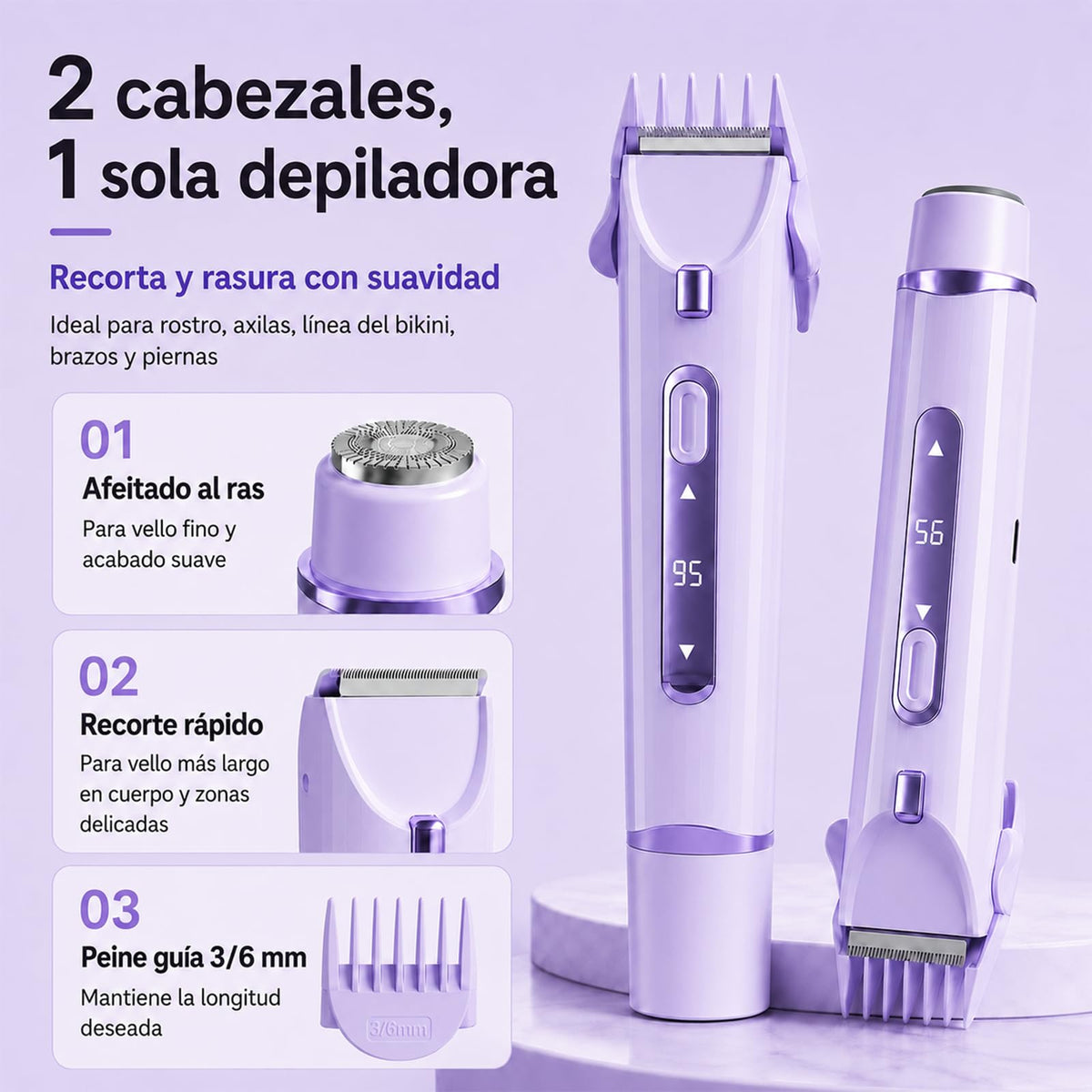 2 En 1 Maquina para depilar mujer, rasuradora eléctrica mujers, con Luces Auxiliares, Doble Cabezal | Recargable Type-C e IPX7, para Bikini Facial Brazos Axilas (Morado)