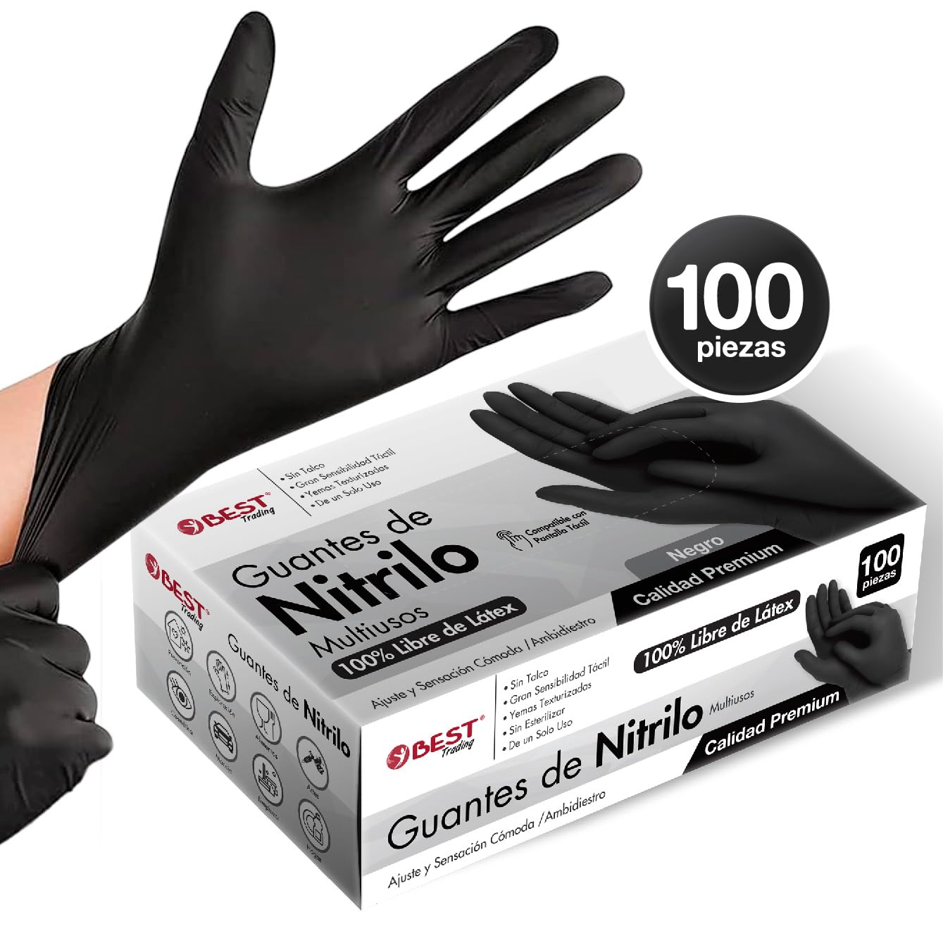 Best Trading 100 Guantes de Nitrilo Color Negro: Libres de Látex, Ajuste Perfecto sin Polvo, Guantes Premium con Tecnología Touchscreen. Seguridad y Funcionalidad en tus Manos (Grande)
