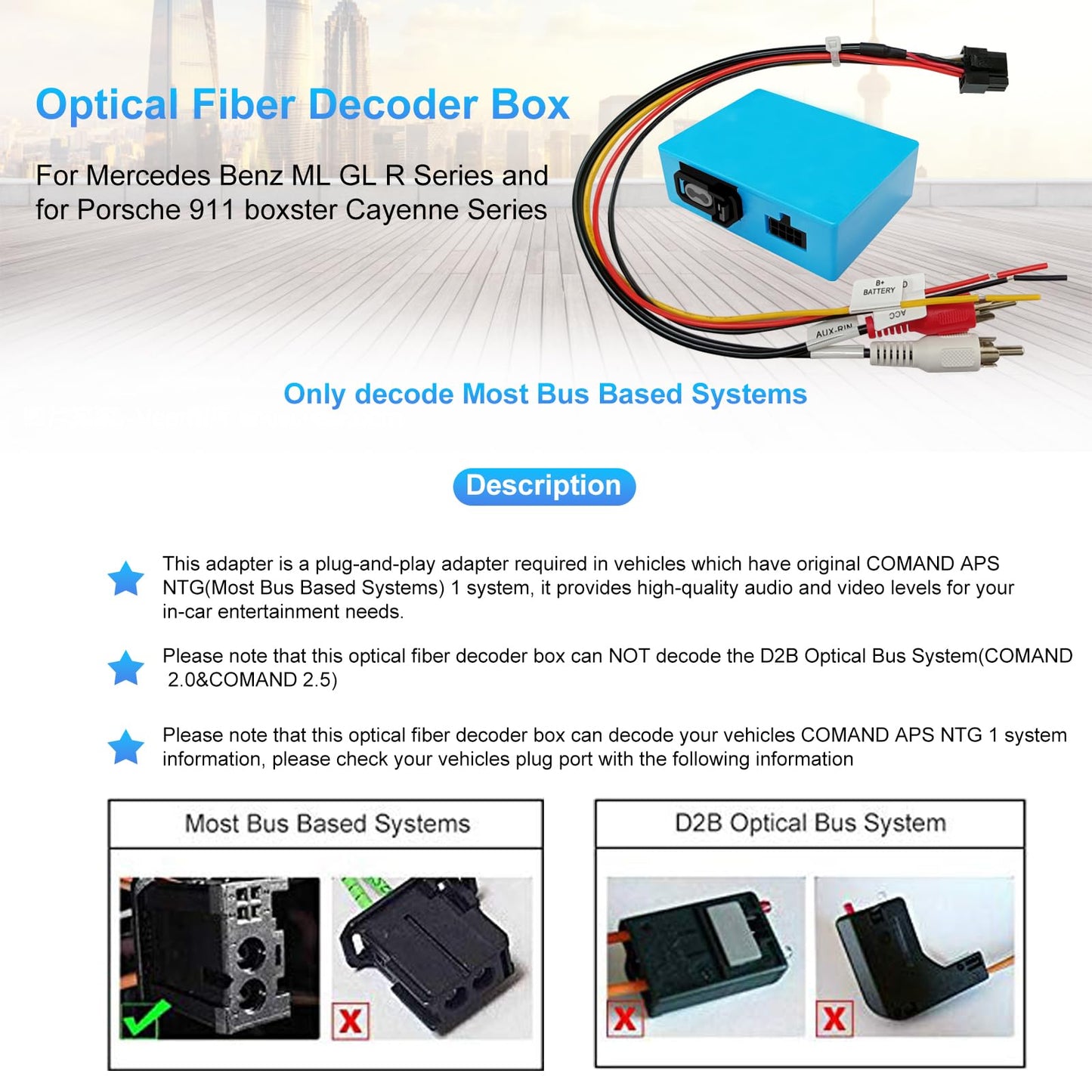 Decodificador de fibra óptica, convertidor de audio óptico, la mayoría de las cajas para Mercedes Benz ML GL R, para Porsche 911 Cayman Boxster Cayenne Series 3.1 sistema de radio de coche estéreo de
