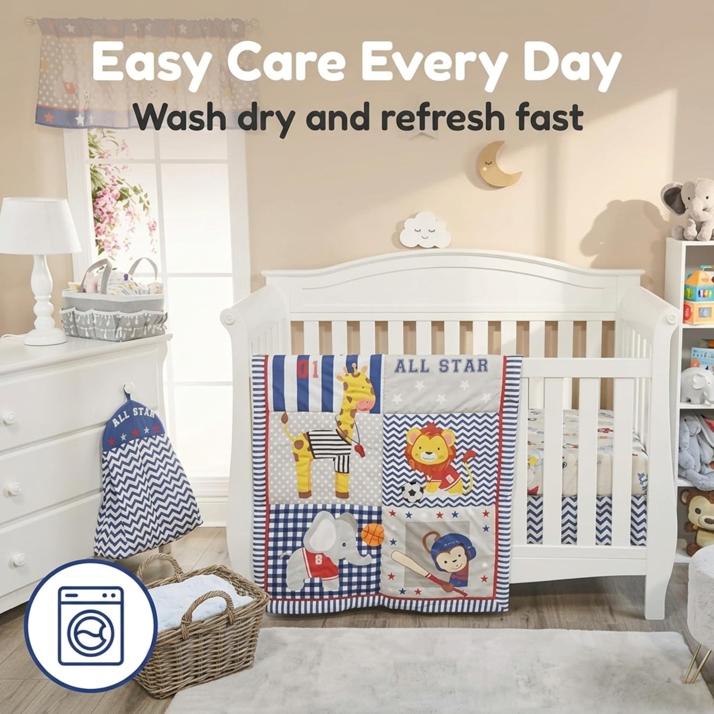 EVERYDAY KIDS - Juego de ropa de cama para cuna de 4 piezas para niños, diseño de selva, suave percal 100% algodón, incluye edredón, sábana bajera, volantes y apilador de pañales, juego de ropa de