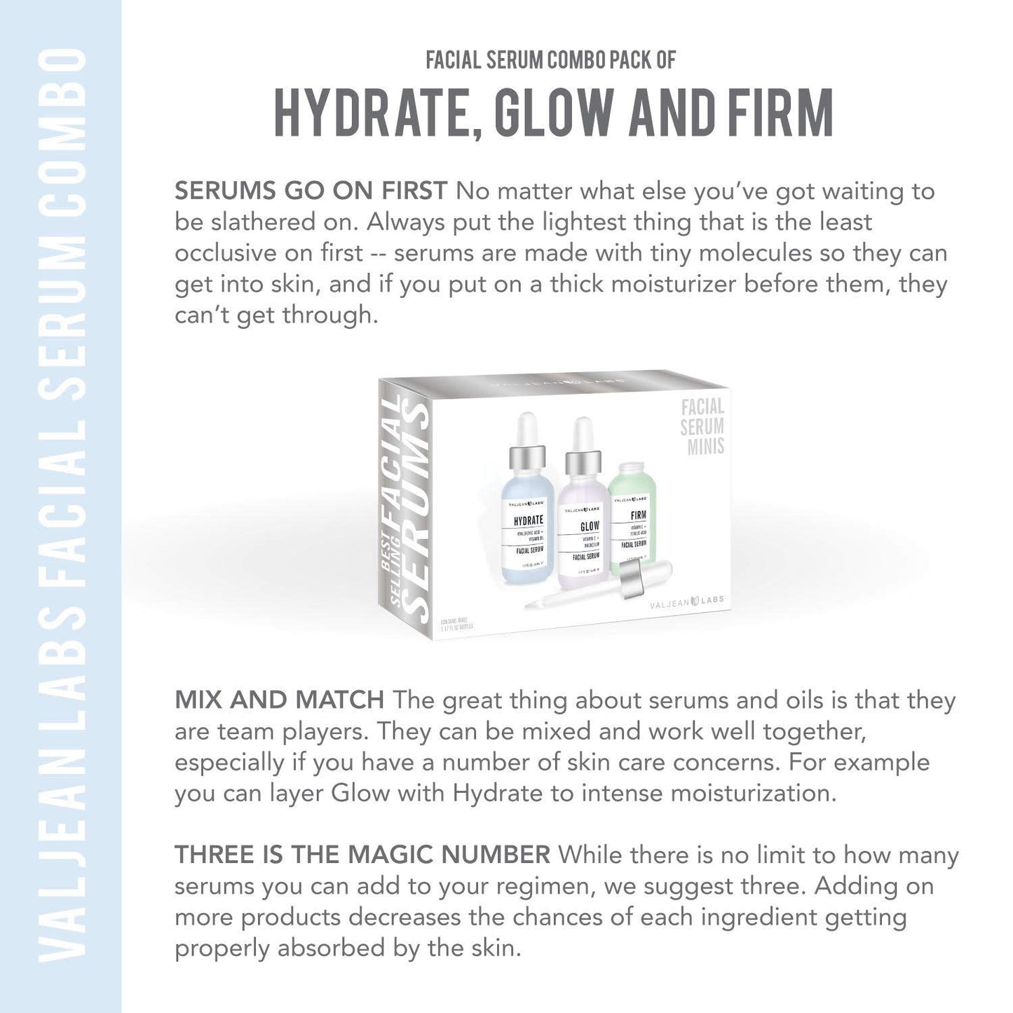 Valjean Labs Facial Serum, Combo Pack of Hydrate, Glow, and Firm (1oz Bottles)