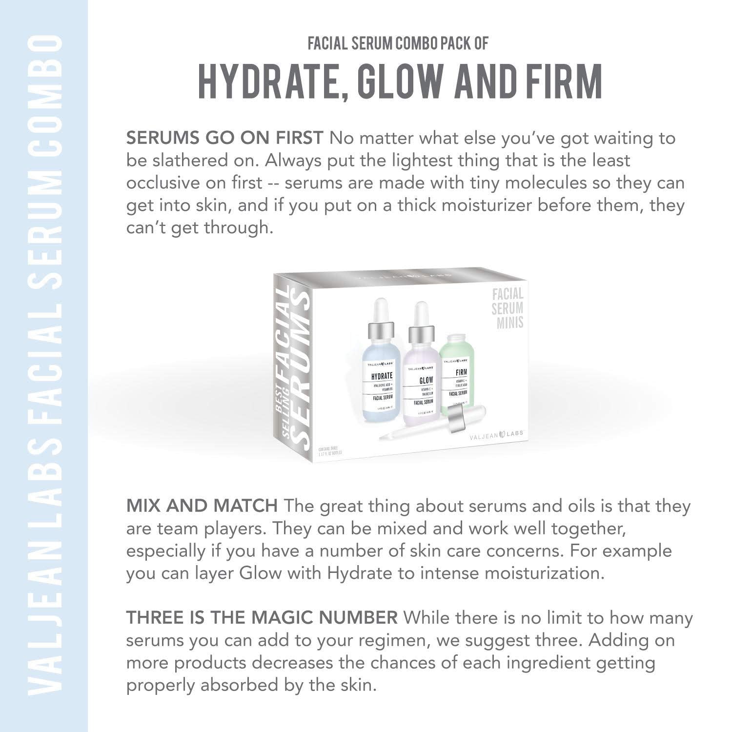 Valjean Labs Facial Serum, Combo Pack of Hydrate, Glow, and Firm (1oz Bottles)