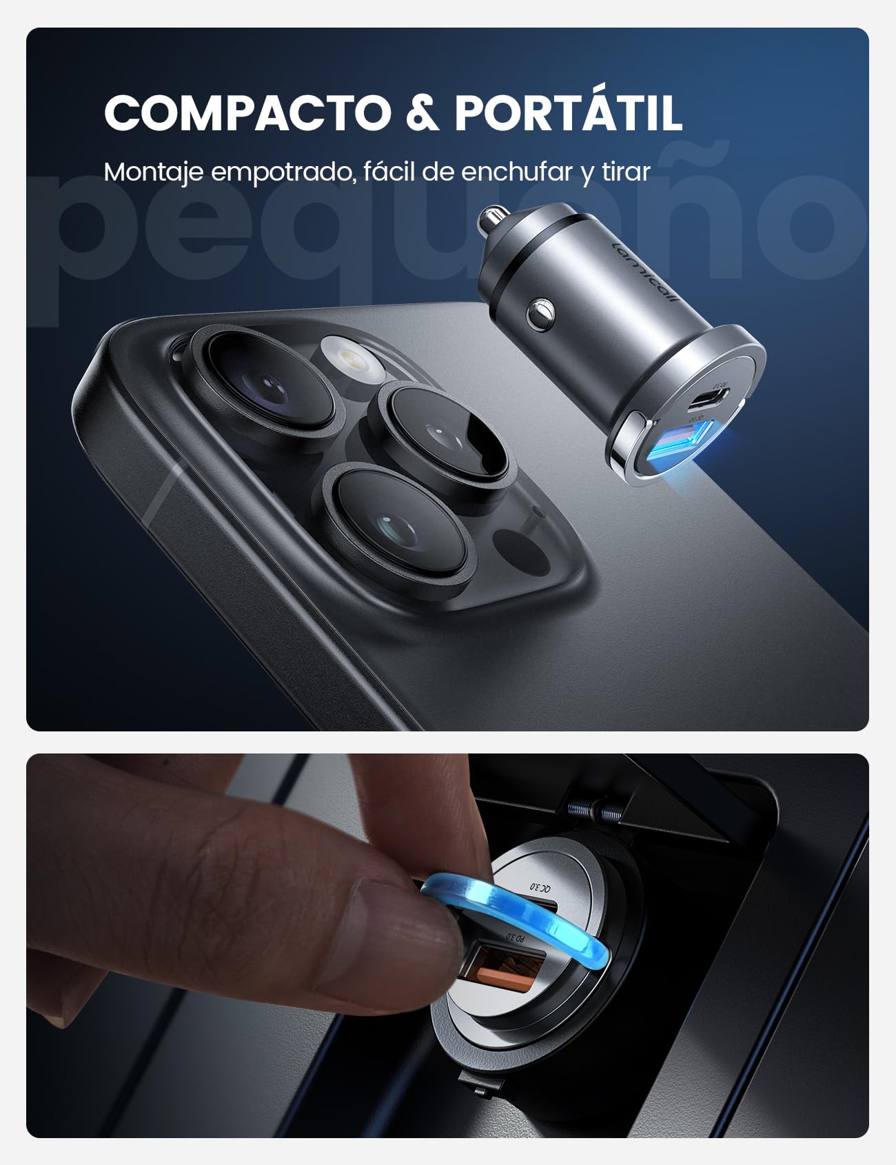 Lamicall 45W Cargador para Auto - Super Mini Todo Metal [45W USB C + 45W USB A] PD & QC 3.0, 24 V/12 V Cargador para Carro Carga Rapida para iPhone 16/15/14 (MX)