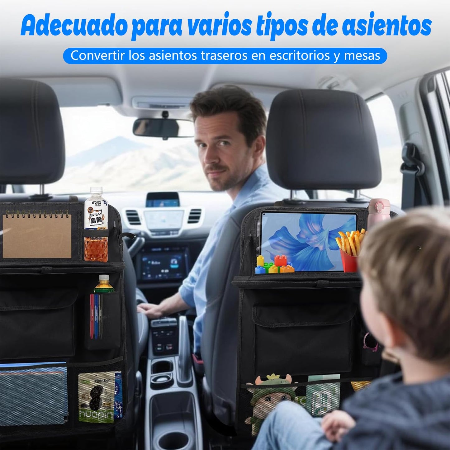 Organizador para Asiento Trasero de Auto con Bandeja, Bolsa de Almacenamiento y Protector de Asiento para Coche, Accesorio Esencial para Niños y Viajes Familiares en Carretera (Negro 1 pieza)