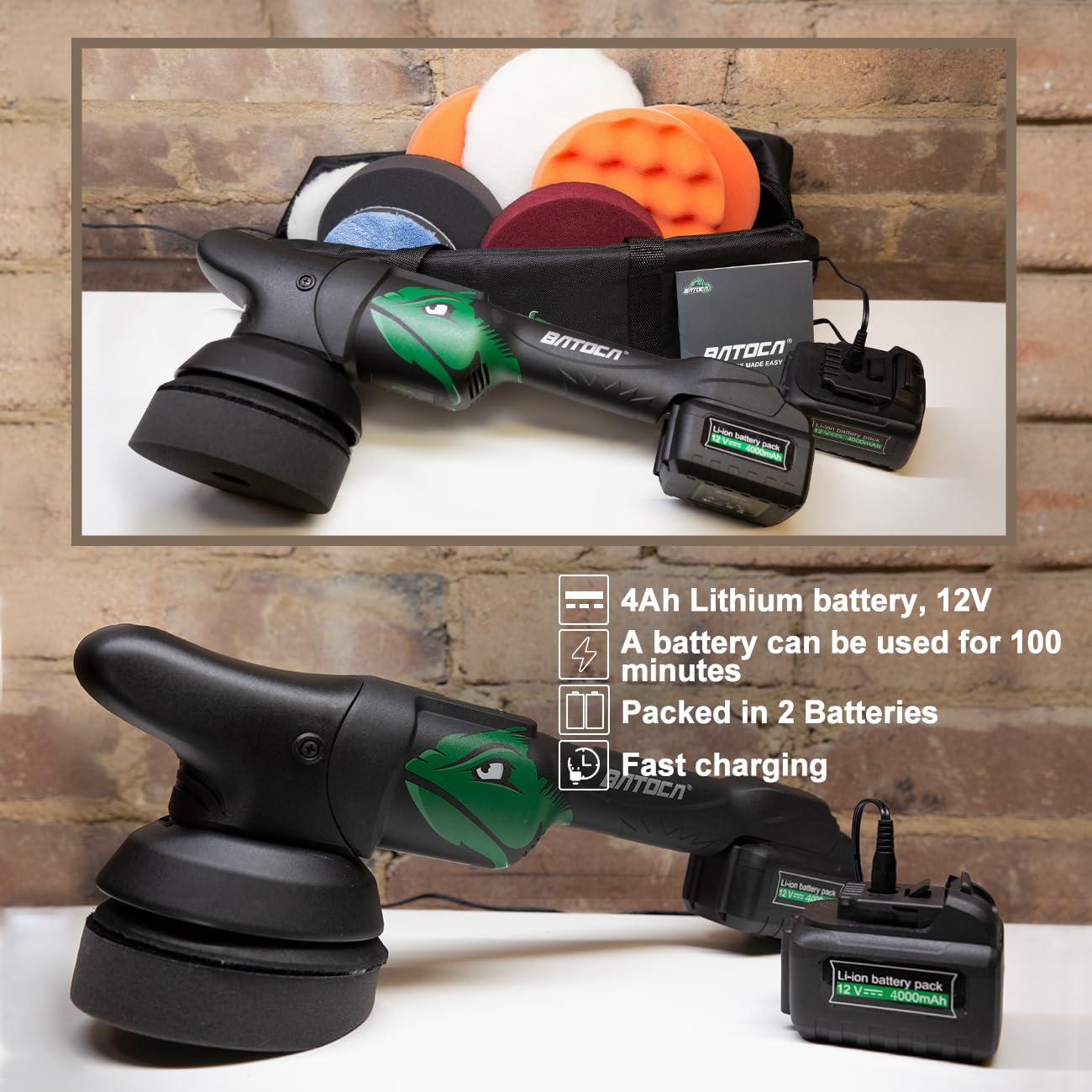 BATOCA S2 - Buffer de pulidor orbital inalámbrico aleatorio, 2 baterías de 4.0Ah, visualización LCD con 6 velocidades variables 2000 - 4500 RPM inalámbrico kit de pulido de coche para detalles de