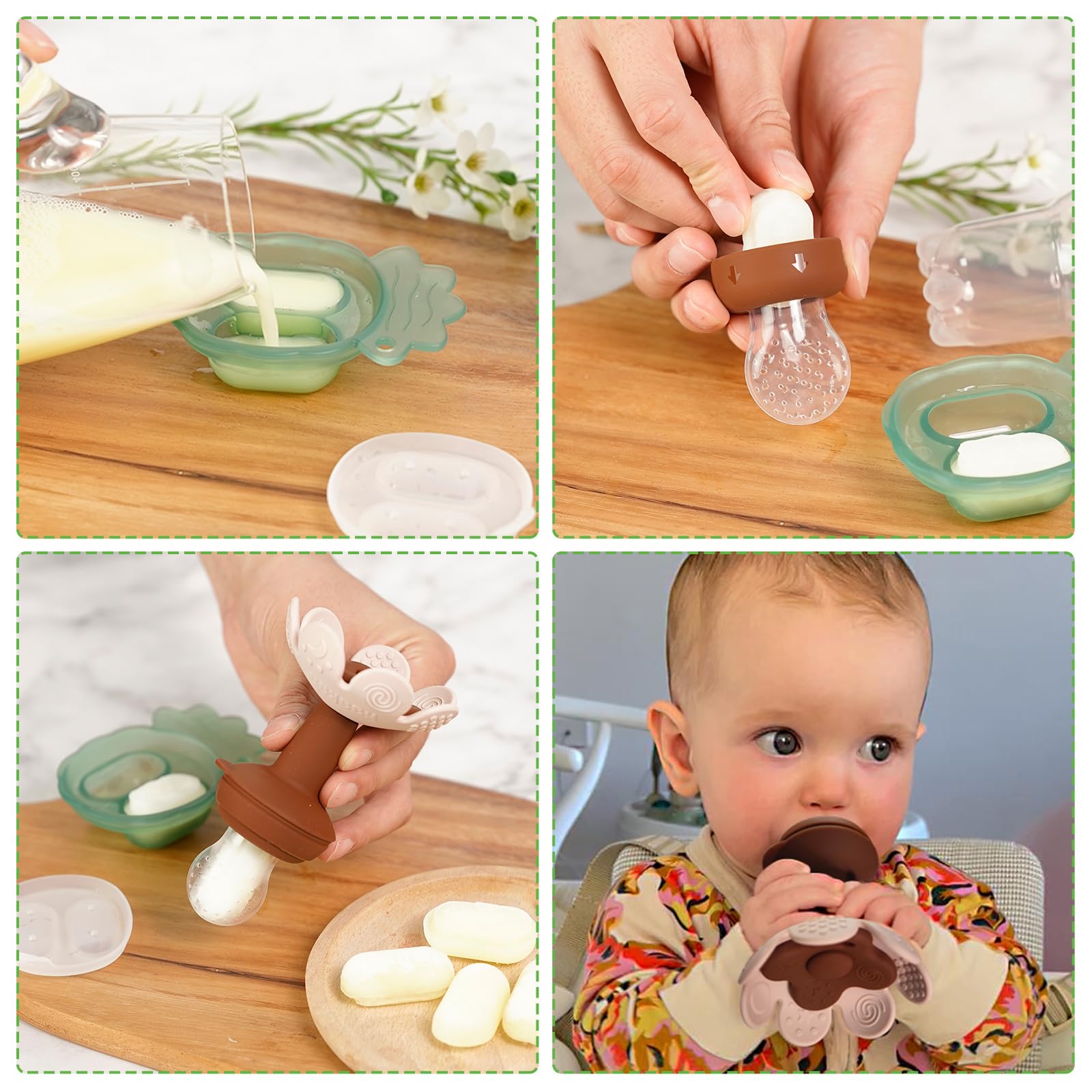 Haakaa - Alimentador de alimentos de frutas frescas para bebé con mini bandeja para congelador, molde de paletas de leche materna para alivio de enfriamiento del bebé, alimentador de malla de silicona