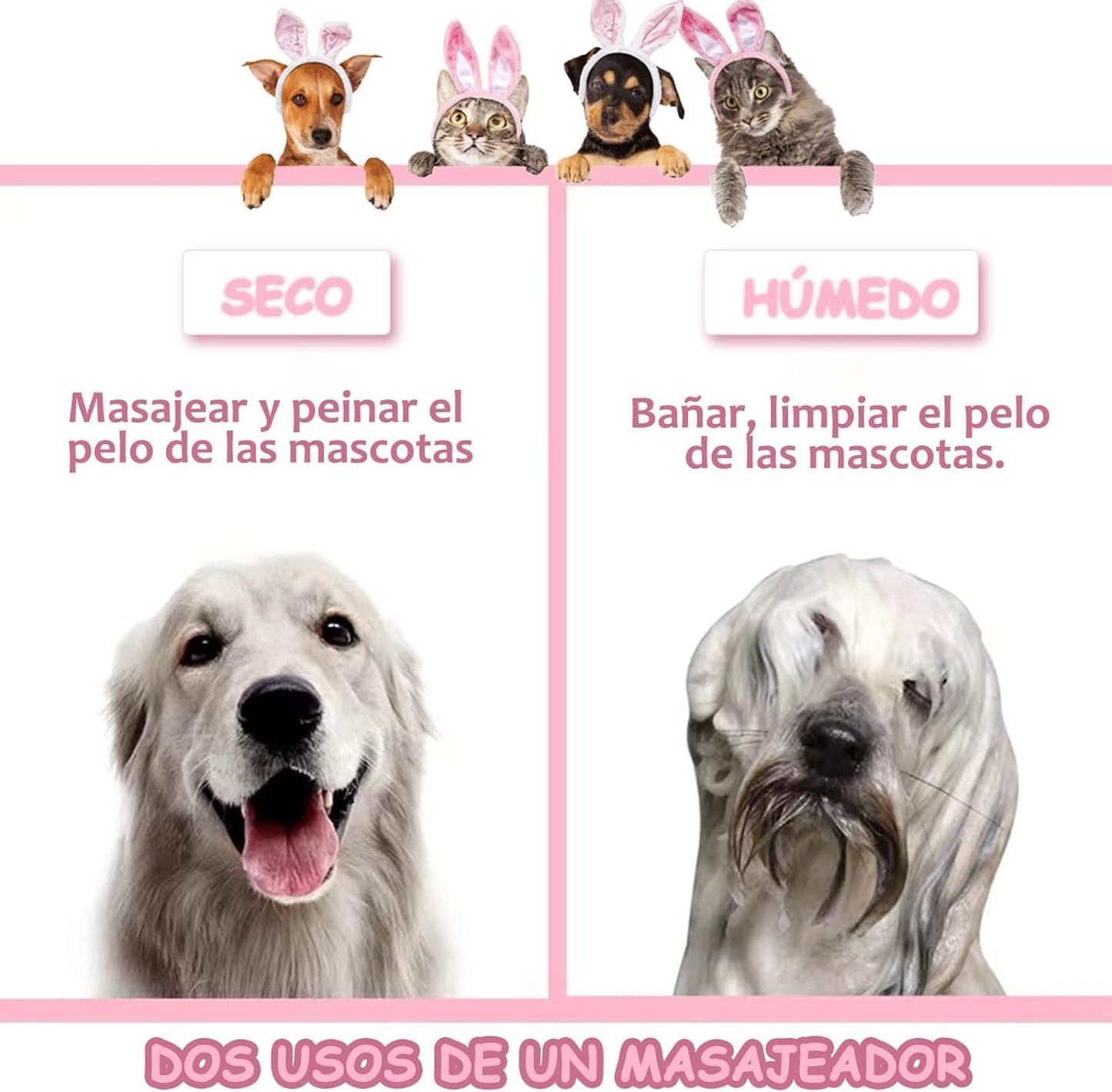 Cepillo de baño para mascotas, cepillo para perros con 2 cabezales de cepillo de silicona suave, dispensador de masaje de champú para mascotas para aseo de mascotas, cepillo de ducha para limpieza de cabello de perros y gatos(Rosa)