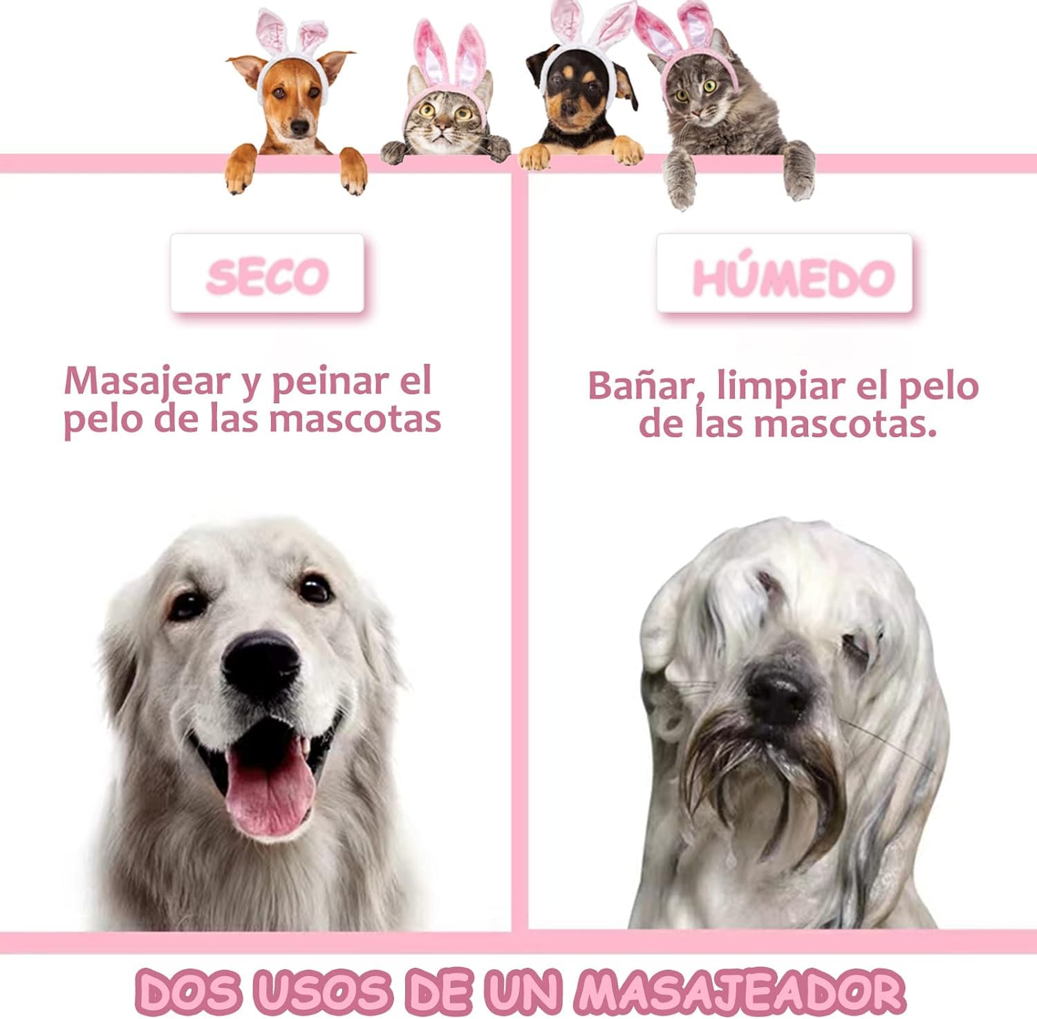 Cepillo de baño para mascotas, cepillo para perros con 2 cabezales de cepillo de silicona suave, dispensador de masaje de champú para mascotas para aseo de mascotas, cepillo de ducha para limpieza de cabello de perros y gatos(Rosa)